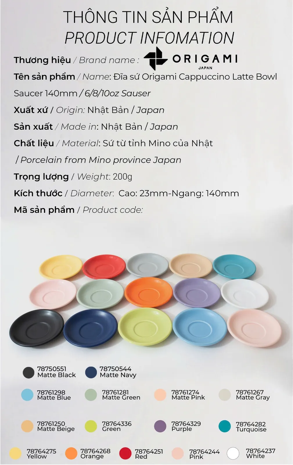 Bảng thông số đĩa sứ Origami Cappuccino Latte Bowl Saucer 140mm