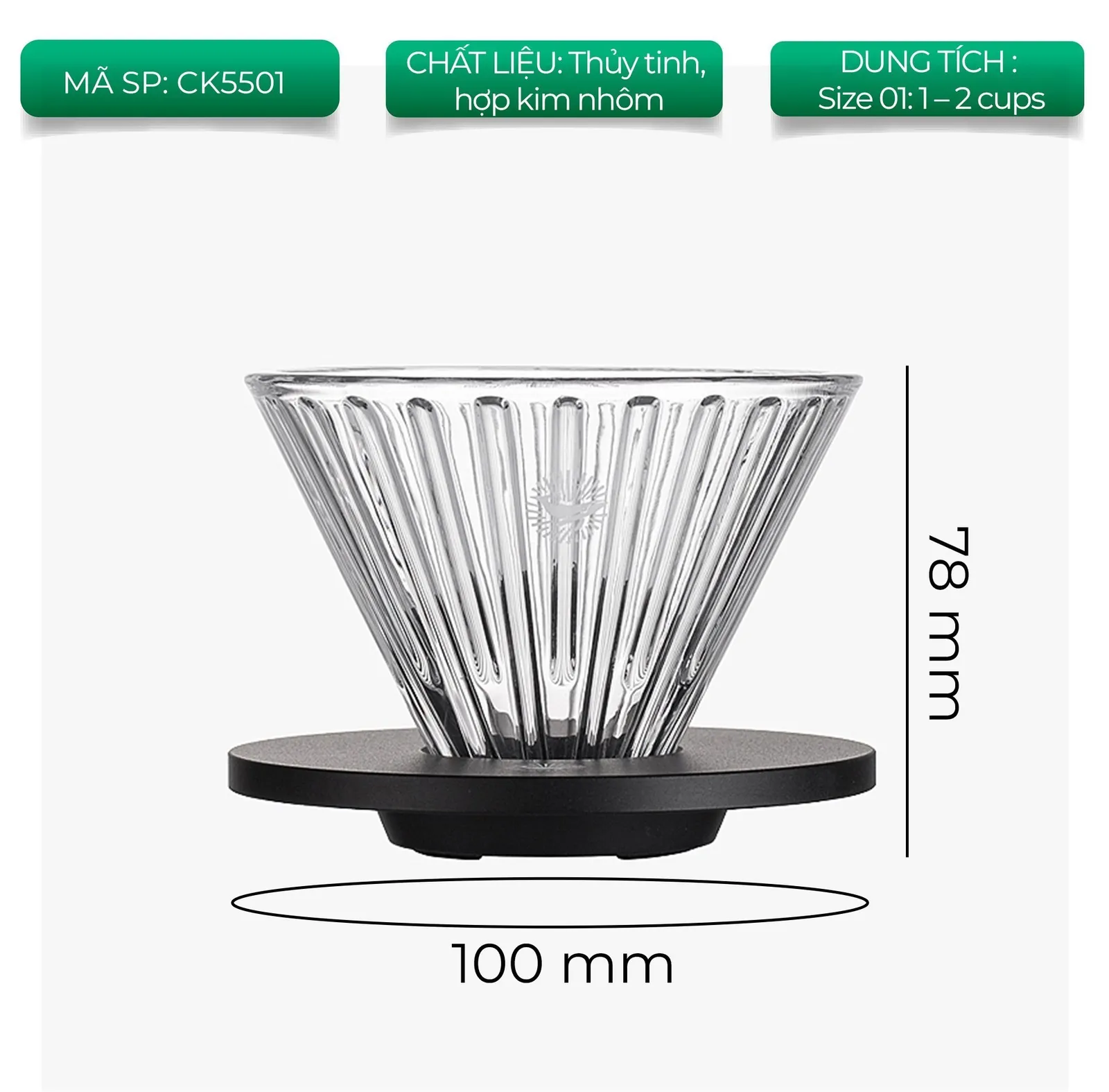 Kích thước phễu V60 CAFE DE KONA size 01 cao 78mm miệng 100mm