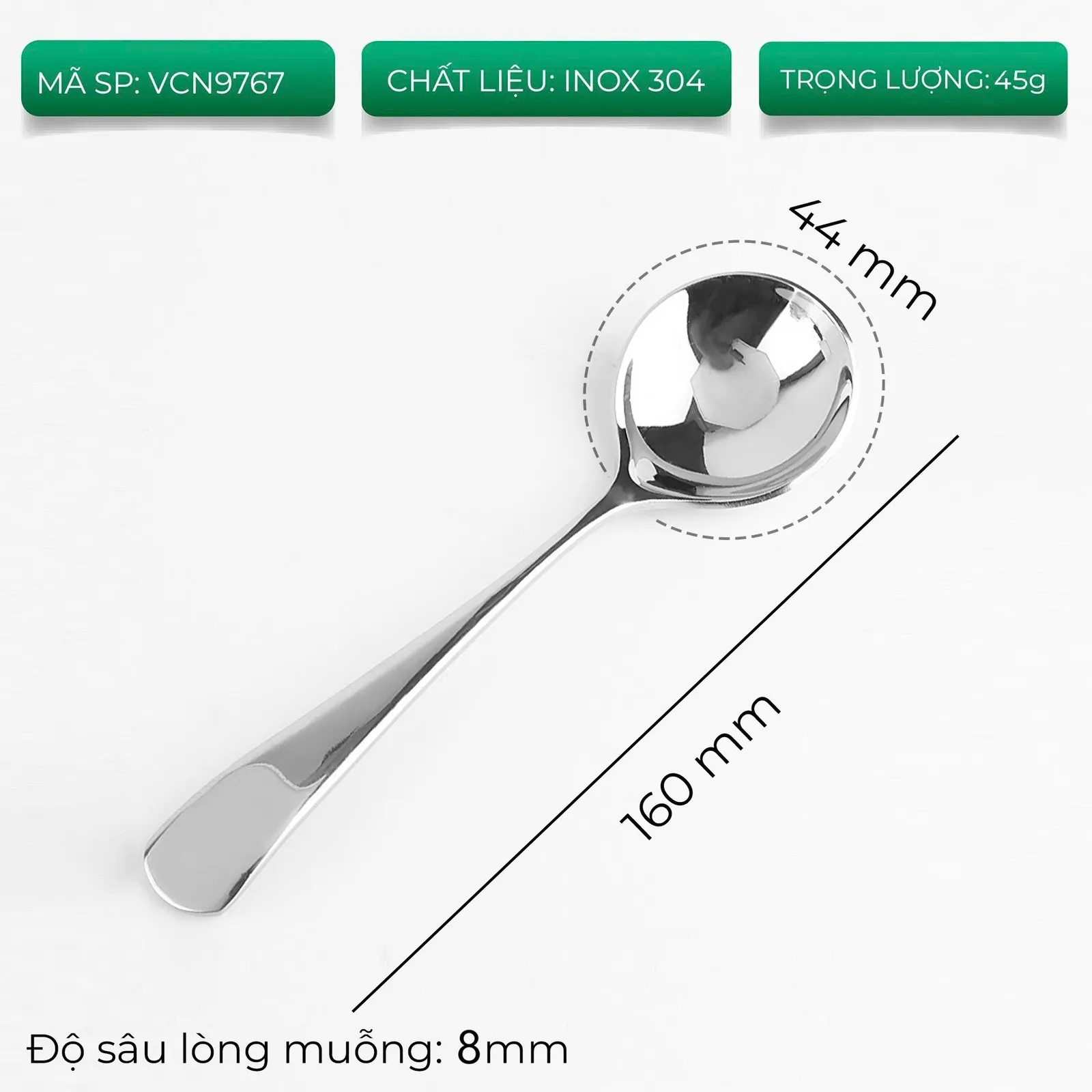Thẻ thông số muỗng cupping mã VCN9767 inox 304 dài 160mm lòng 44mm sâu 8mm nặng 45g