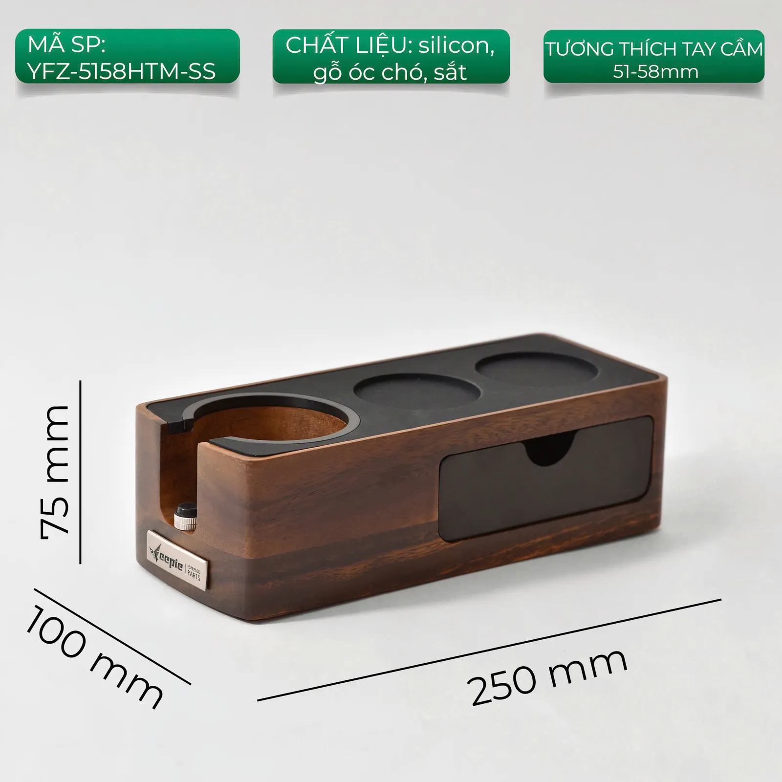 Kích thước đế nén Feepie bản nằm dọc YFZ-5158HTM-SS: 250 x 100 x 75mm, silicon gỗ óc chó và sắt, tay cầm 51-58mm