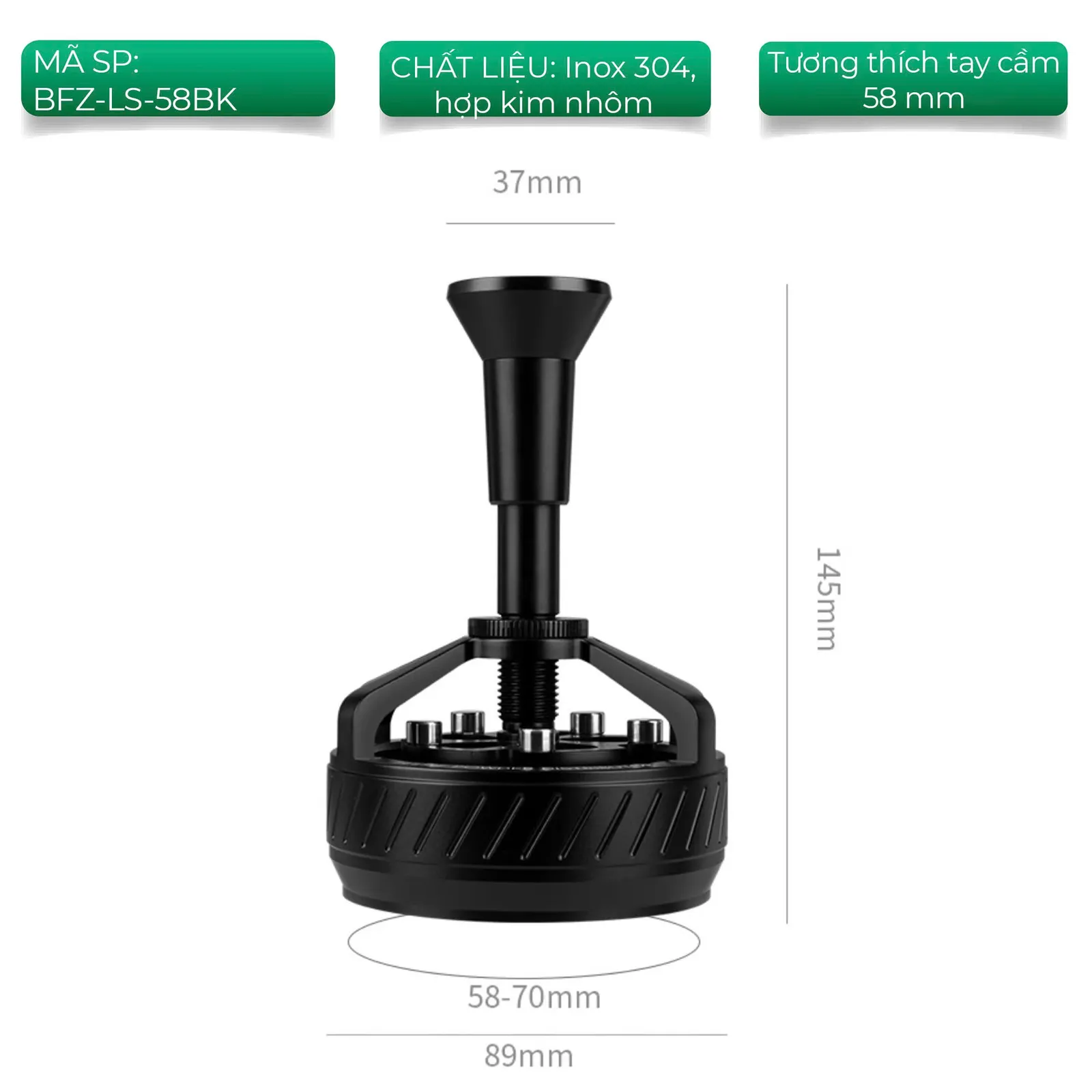 Kích thước kim xoay Feepie THOR: cao 145mm, núm 37mm, đế 89mm, mã BFZ-LS-58BK