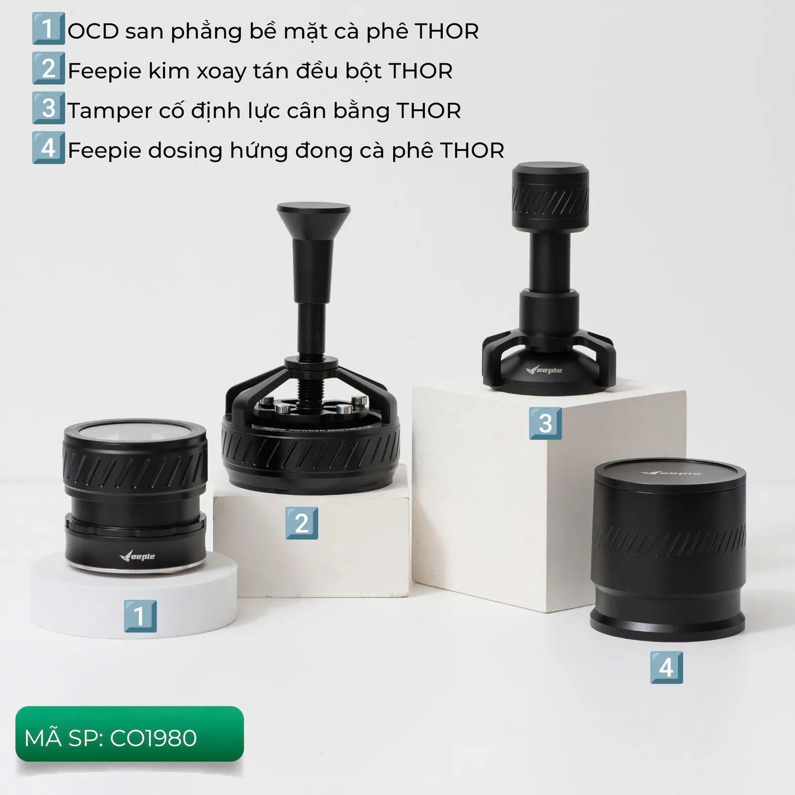 Combo dụng cụ pha espresso Feepie Diagonal Line CO1980 gồm 4 món đánh số: OCD, kim xoay, tamper, dosing cup