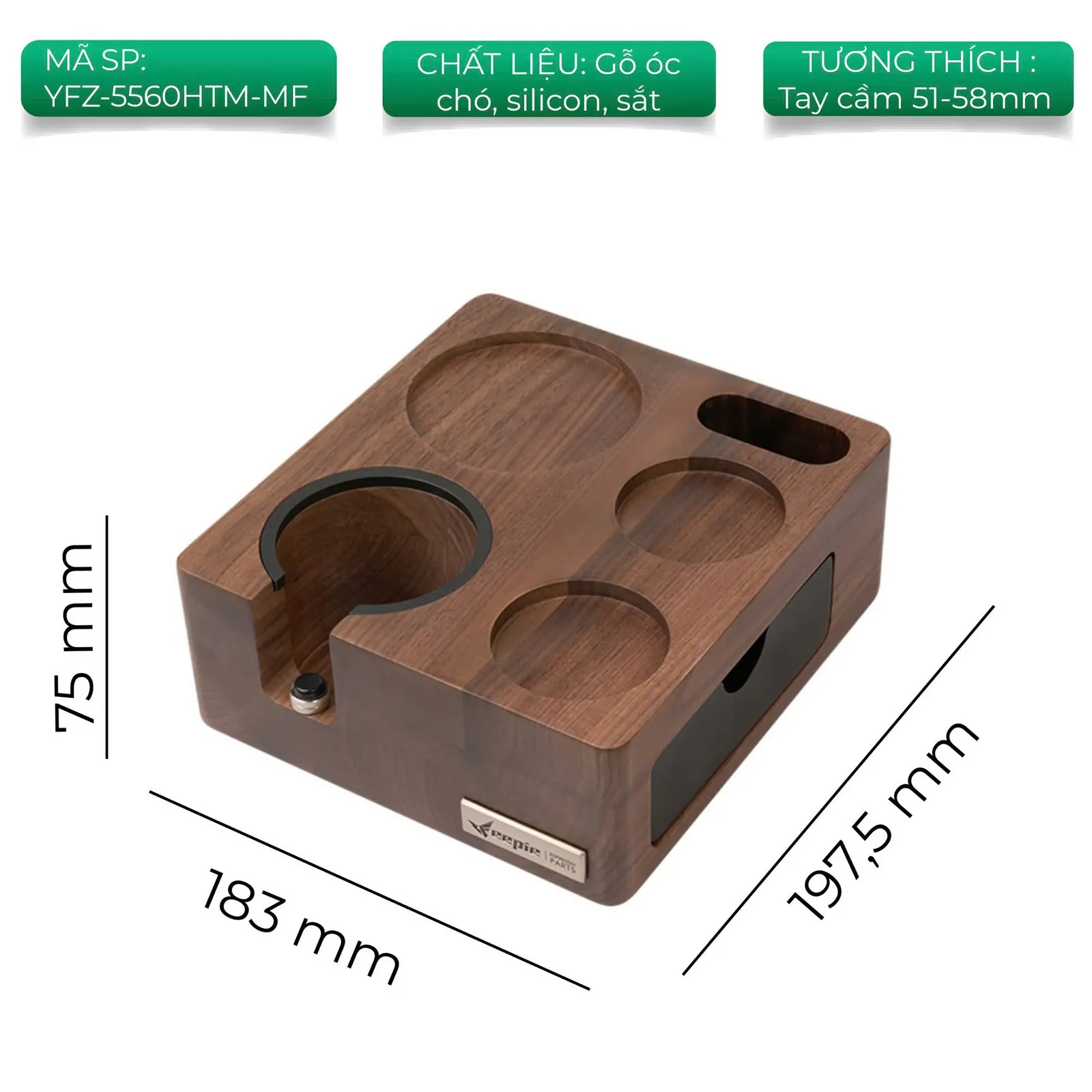 Kích thước đế gỗ tamper Feepie: 183mm x 197,5mm x 75mm, gỗ óc chó silicon và sắt, tay cầm 51-58mm