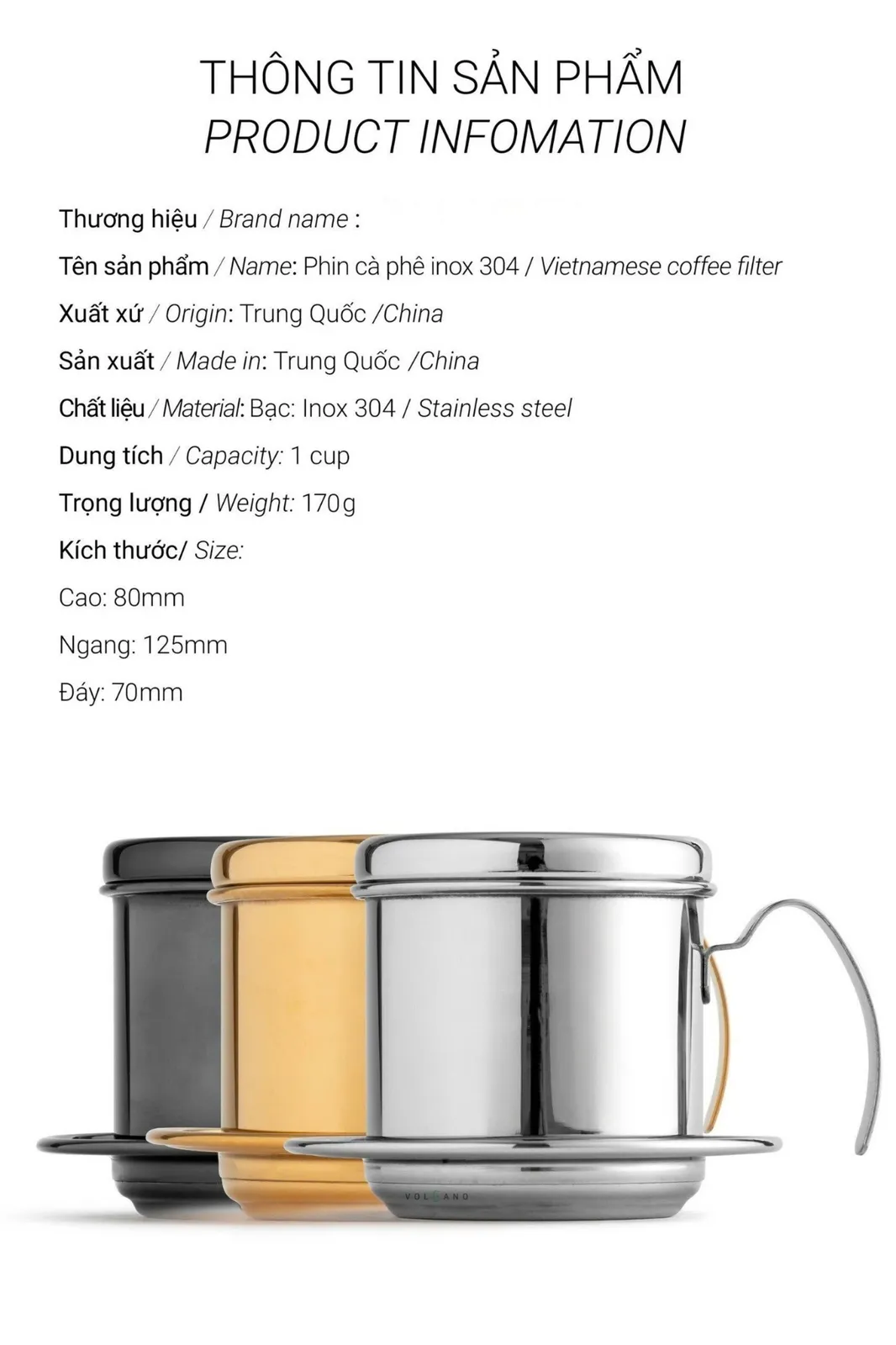 Bảng thông tin sản phẩm phin cà phê inox 304 ghi kích thước cao 80mm ngang 125mm đáy 70mm