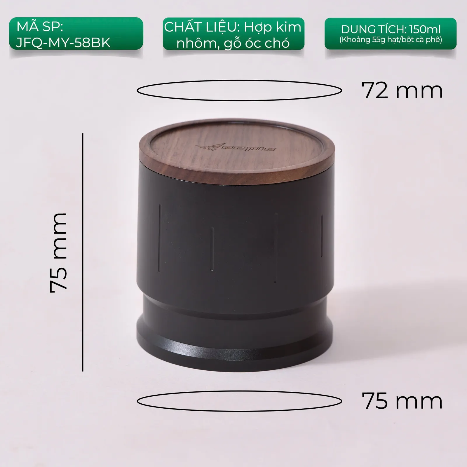 Kích thước dosing cup Feepie Wood Charm: miệng 72mm, cao 75mm, đáy 75mm, dung tích 150ml khoảng 55g