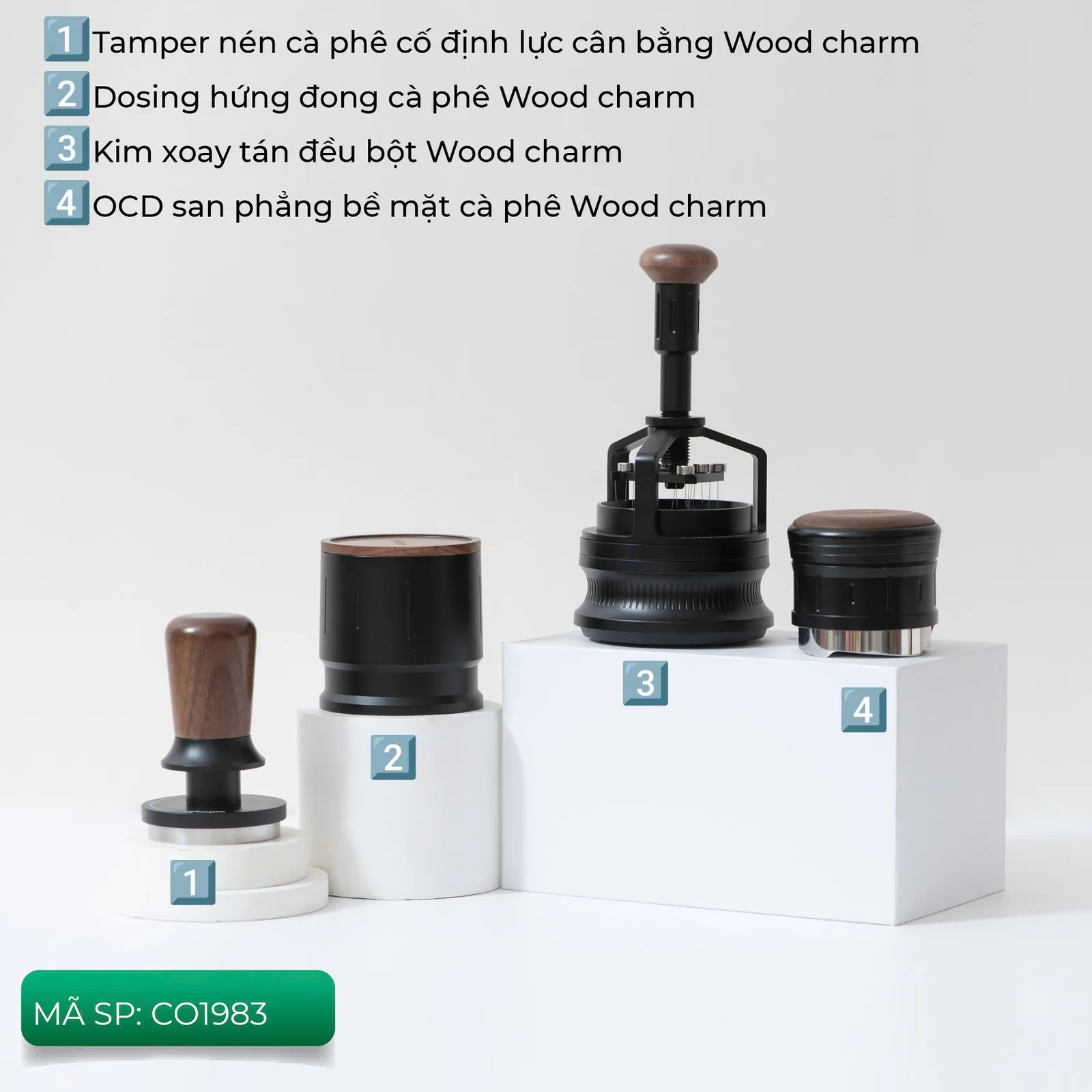 Combo dụng cụ pha espresso Feepie Wood Charm CO1983 gồm 4 món đánh số: tamper, dosing cup, kim xoay, OCD