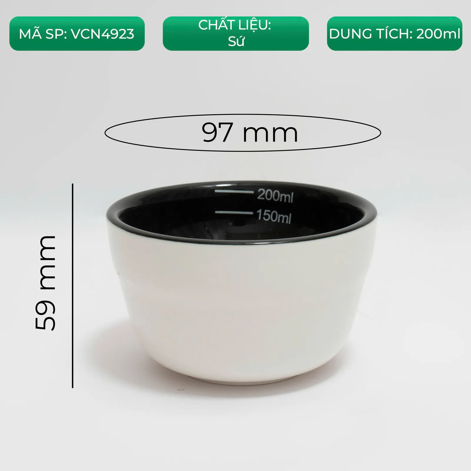 Thẻ thông số chén cupping mã VCN4923 chất liệu sứ dung tích 200ml miệng 97mm cao 59mm