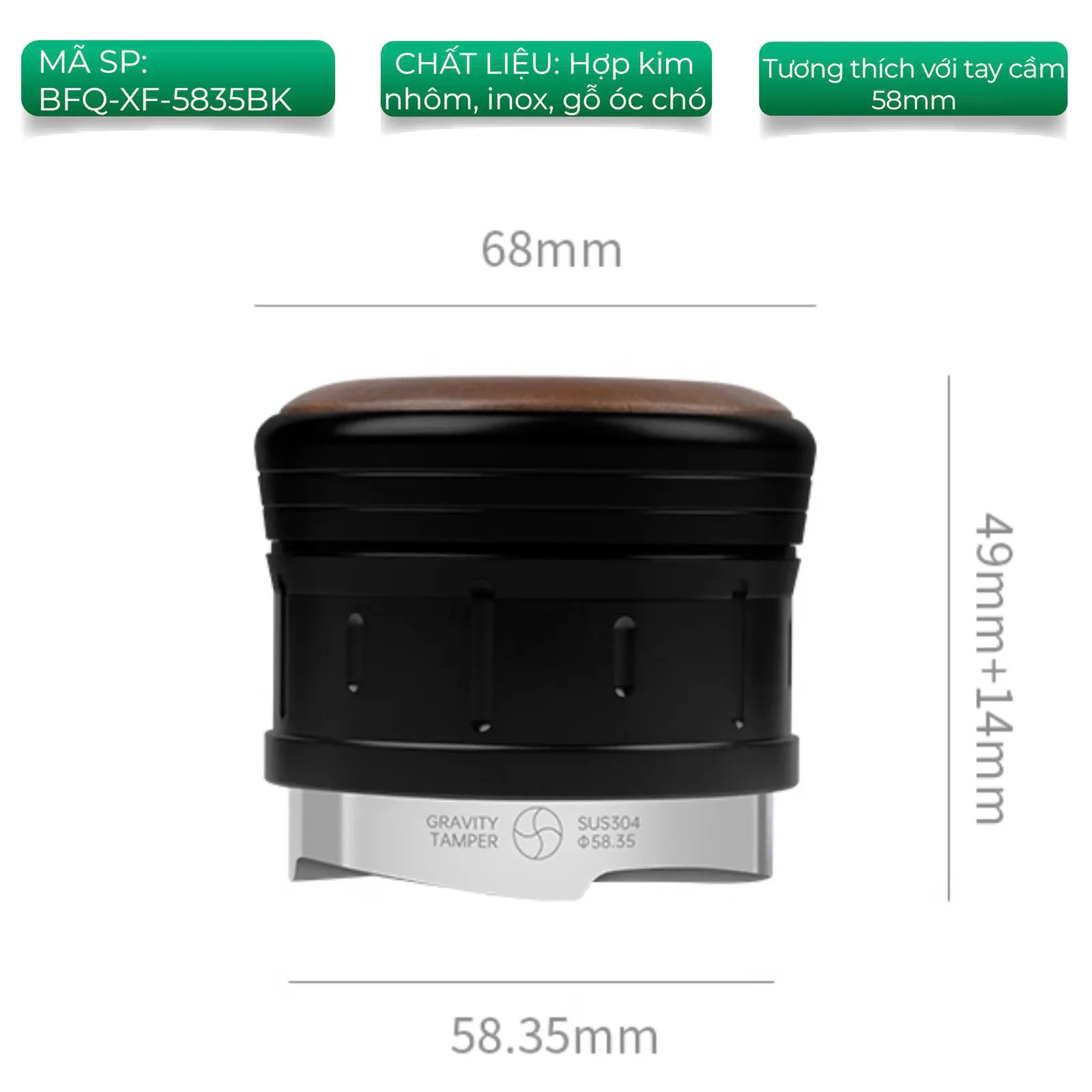 Kích thước OCD Feepie Wood Charm: rộng 68mm, cao 49mm cộng 14mm hành trình, đế san 58,35mm