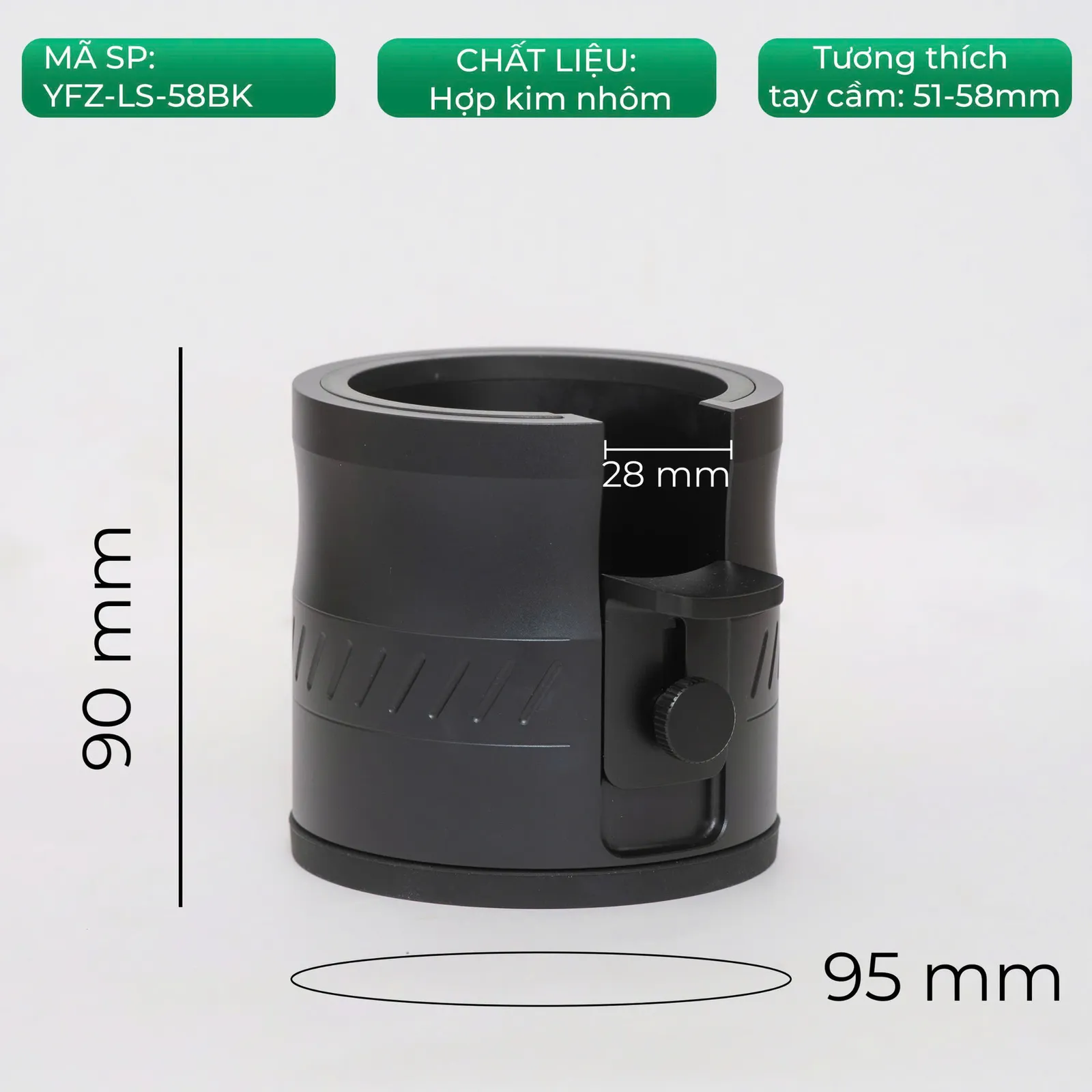 Kích thước đế nhôm giá đỡ Feepie YFZ-LS-58BK: cao 90mm, đáy 95mm, tấm đệm 28mm, tương thích tay cầm 51-58mm