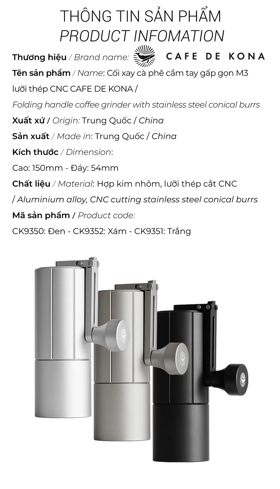 Bảng thông số sản phẩm cối xay tay M3 Pro CAFE DE KONA