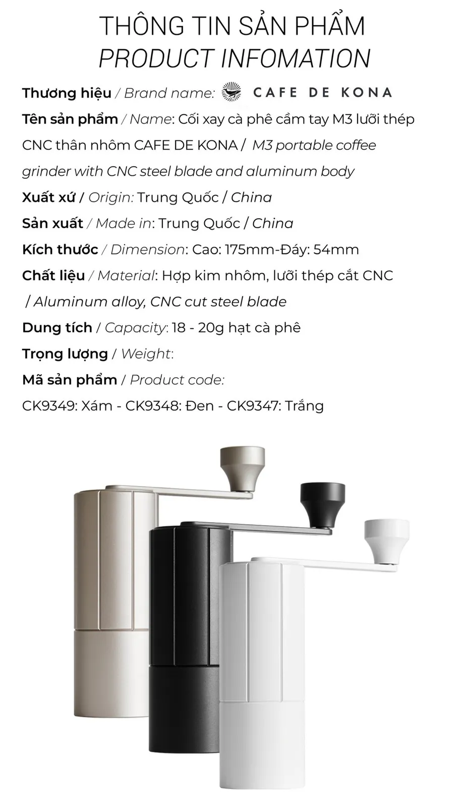 Bảng thông số sản phẩm cối xay tay M3 CAFE DE KONA