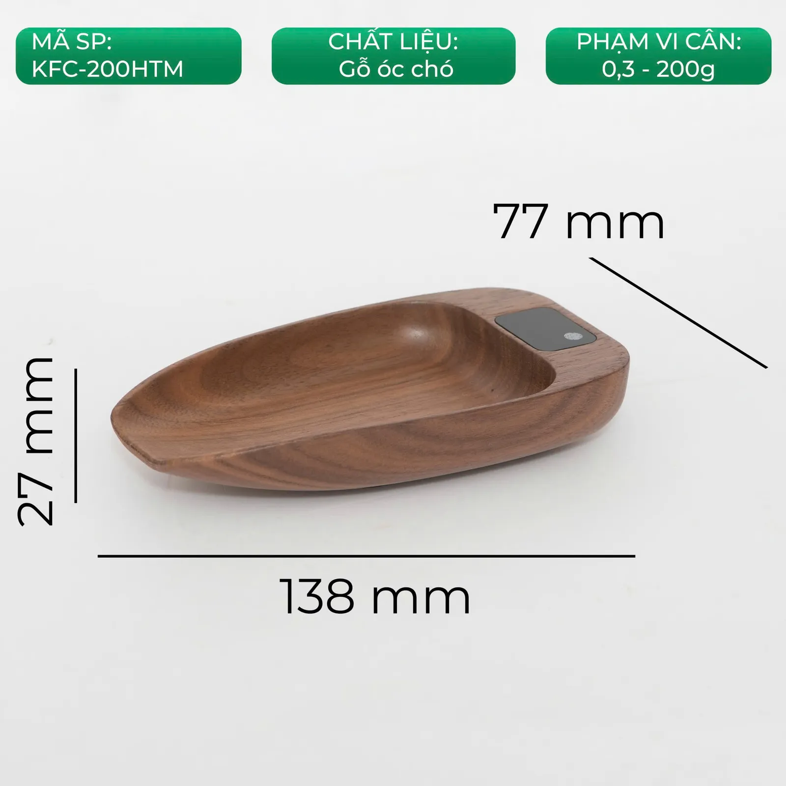 Kích thước cân điện tử khay gỗ Feepie: 138 x 77 x 27mm, gỗ óc chó, phạm vi cân 0,3-200g