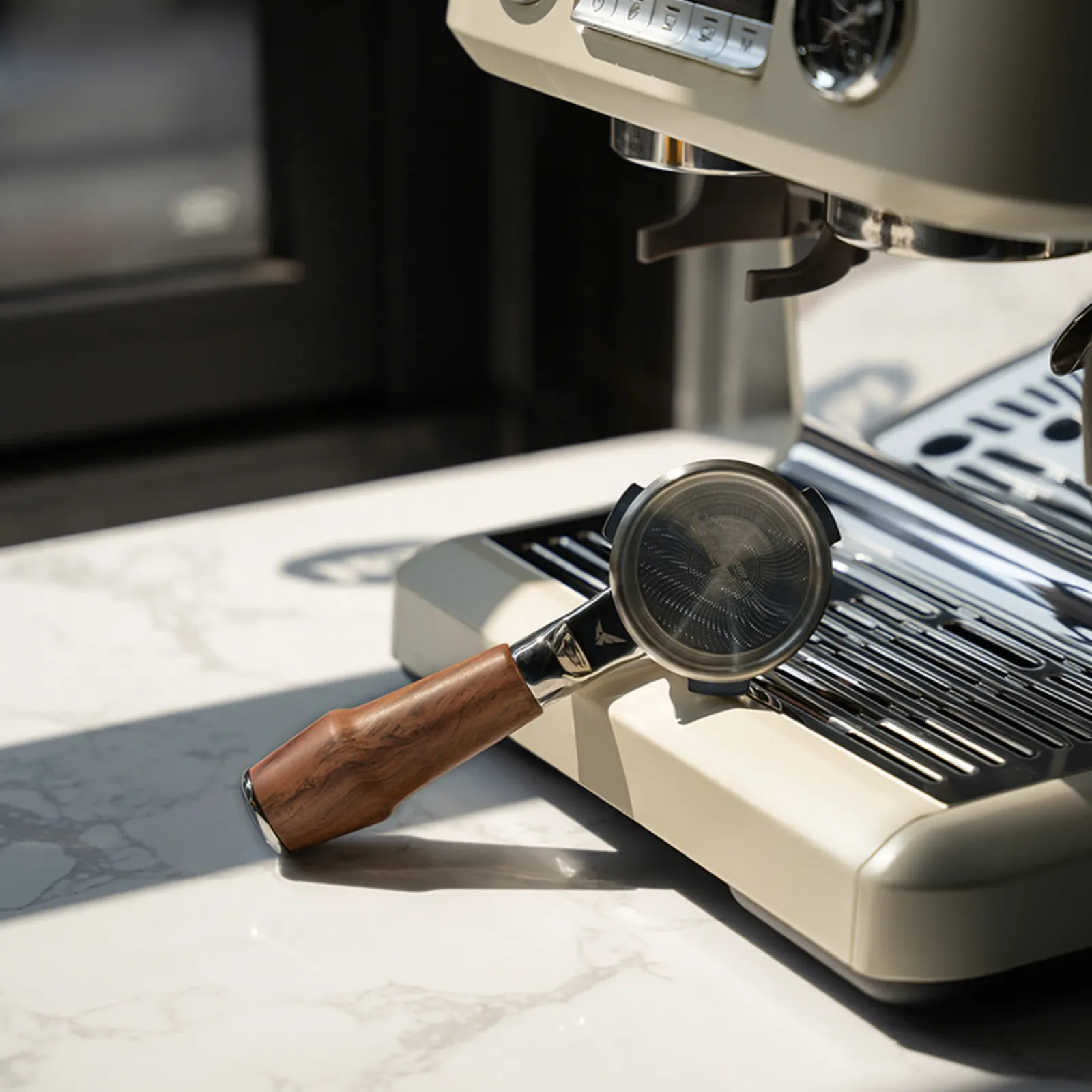 Tay cầm gỗ Feepie không đáy đặt trên mặt đá cẩm thạch cạnh máy pha espresso