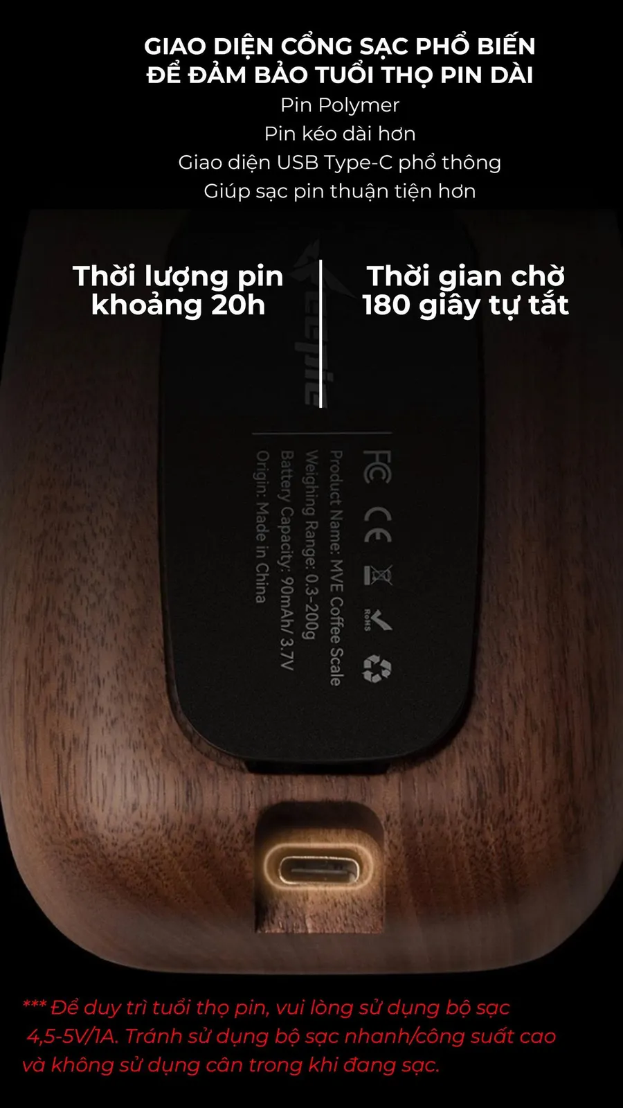 Cổng sạc USB Type-C cân Feepie, pin polymer 90mAh 3.7V, thời lượng 20 giờ, tự tắt sau 180 giây