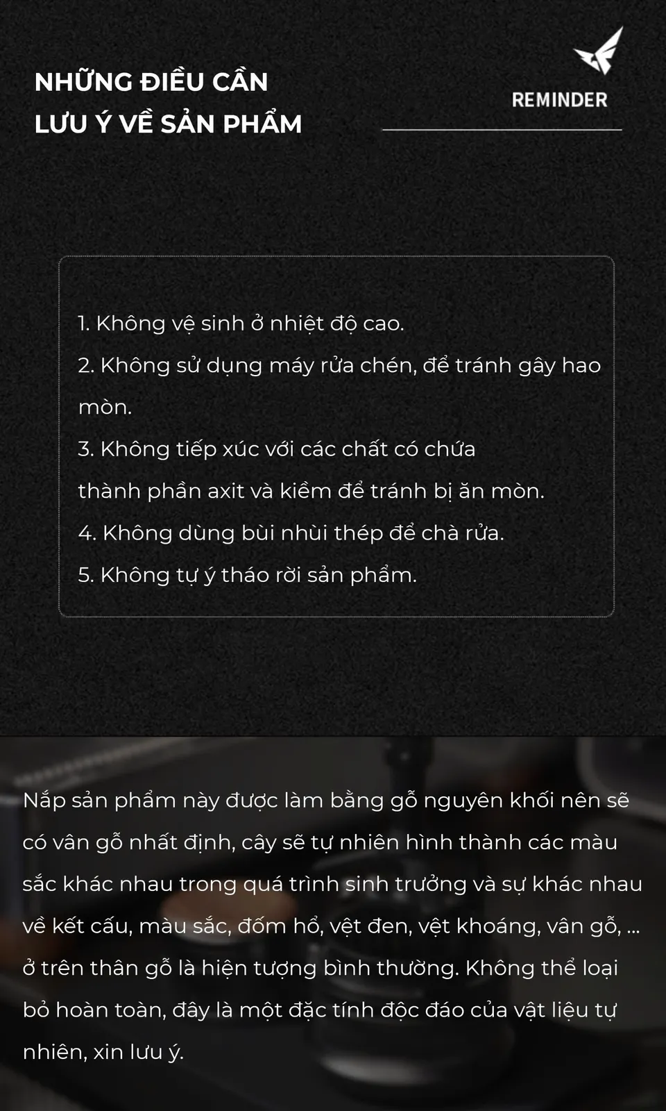 Năm lưu ý sử dụng kim xoay Feepie Wood Charm: không nhiệt độ cao, không máy rửa chén, không hóa chất axit kiềm