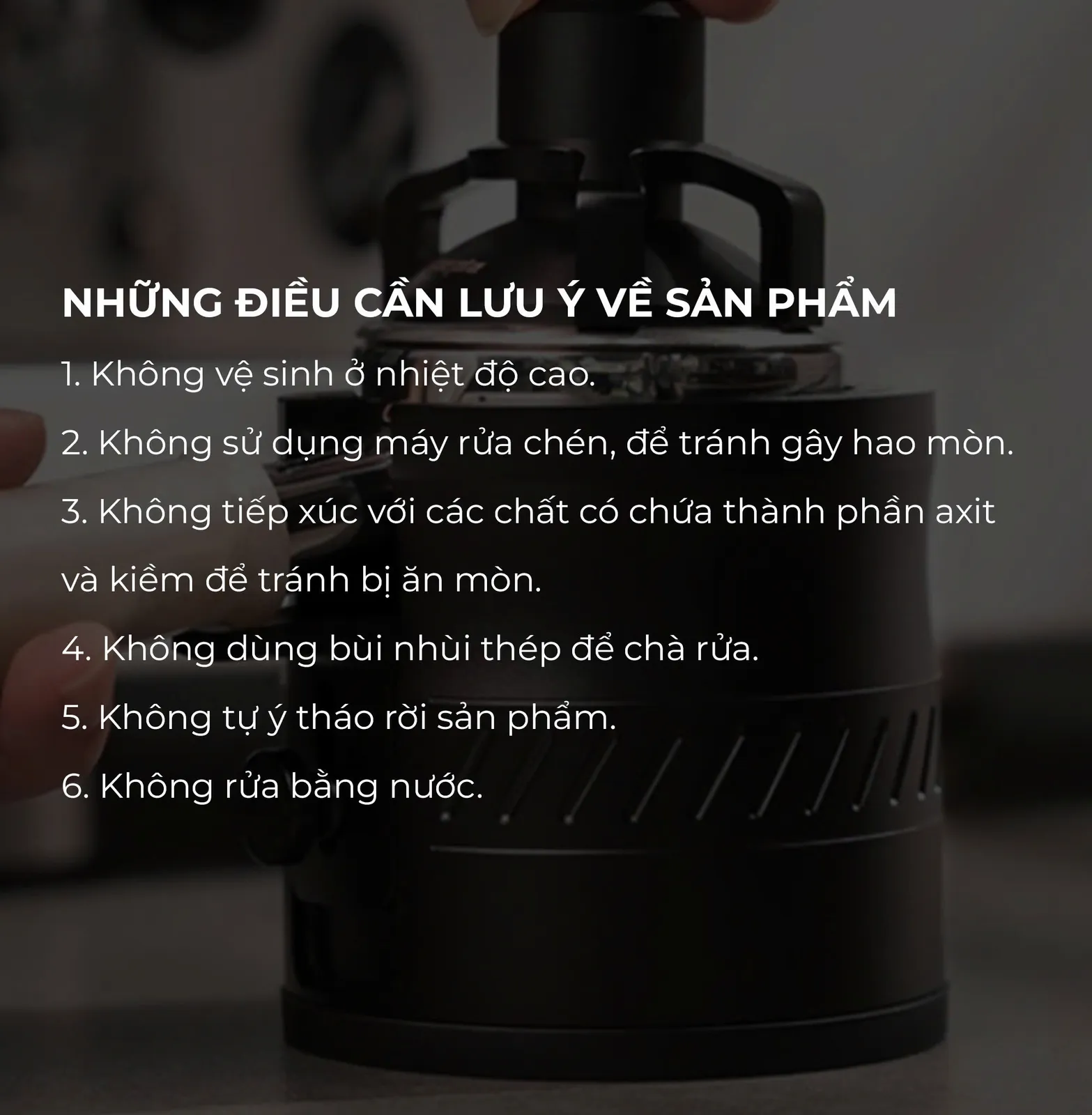 Sáu lưu ý sử dụng đế nhôm giá đỡ Feepie: không nhiệt độ cao, không máy rửa chén, không rửa bằng nước