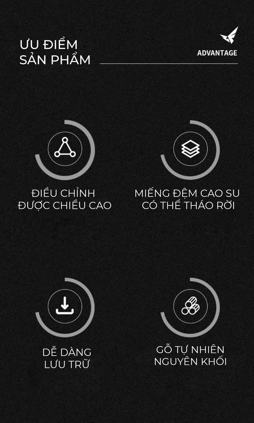 Bốn ưu điểm đế nén Feepie: chỉnh được chiều cao, đệm cao su tháo rời, dễ lưu trữ, gỗ tự nhiên nguyên khối