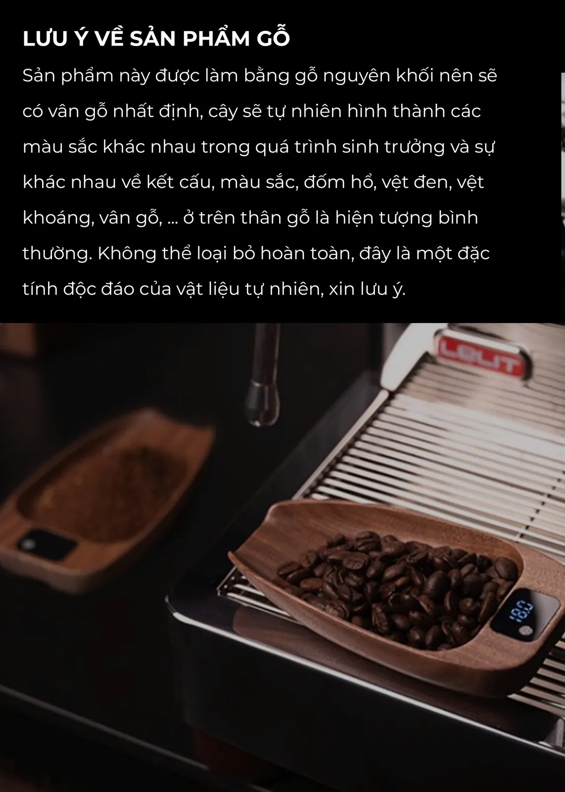 Lưu ý vân gỗ tự nhiên trên cân Feepie: màu sắc, đốm hổ và vệt khoáng khác nhau giữa từng sản phẩm
