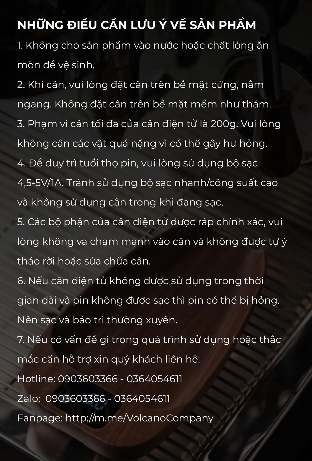 Bảy lưu ý sử dụng cân điện tử Feepie: không ngâm nước, đặt trên mặt cứng, tối đa 200g, sạc 4,5-5V 1A