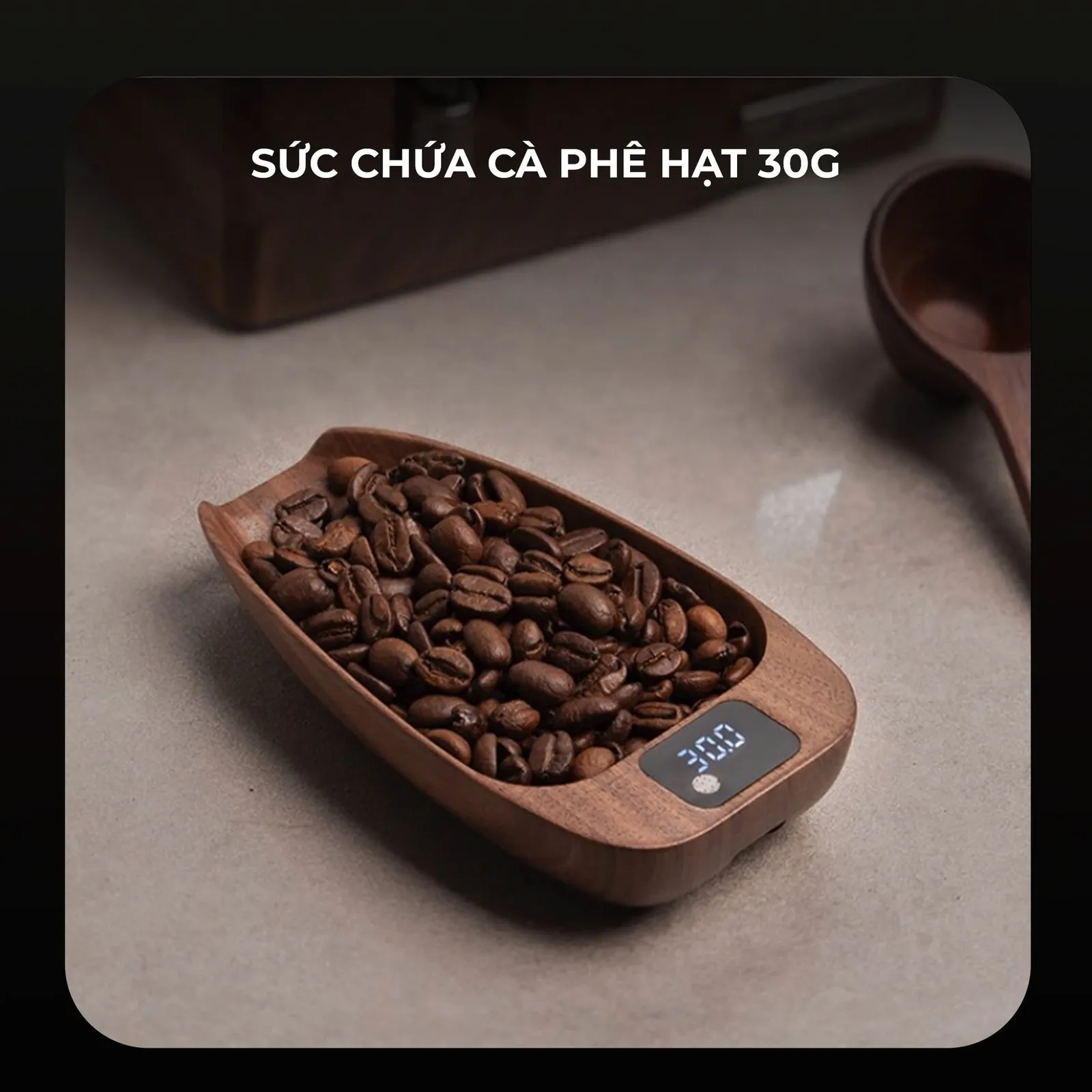 Sức chứa 30g cà phê hạt của cân điện tử khay gỗ Feepie, màn hình hiện 30.0