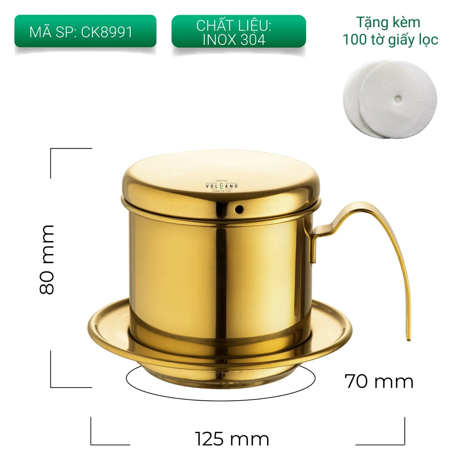 Thẻ thông số phin cà phê mã CK8991 màu gold inox 304 cao 80mm ngang 125mm tặng kèm 100 tờ giấy lọc