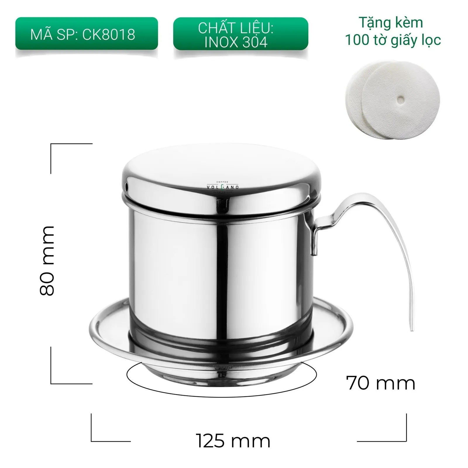 Thẻ thông số phin cà phê mã CK8018 màu bạc inox 304 cao 80mm ngang 125mm đáy 70mm tặng kèm 100 tờ giấy lọc