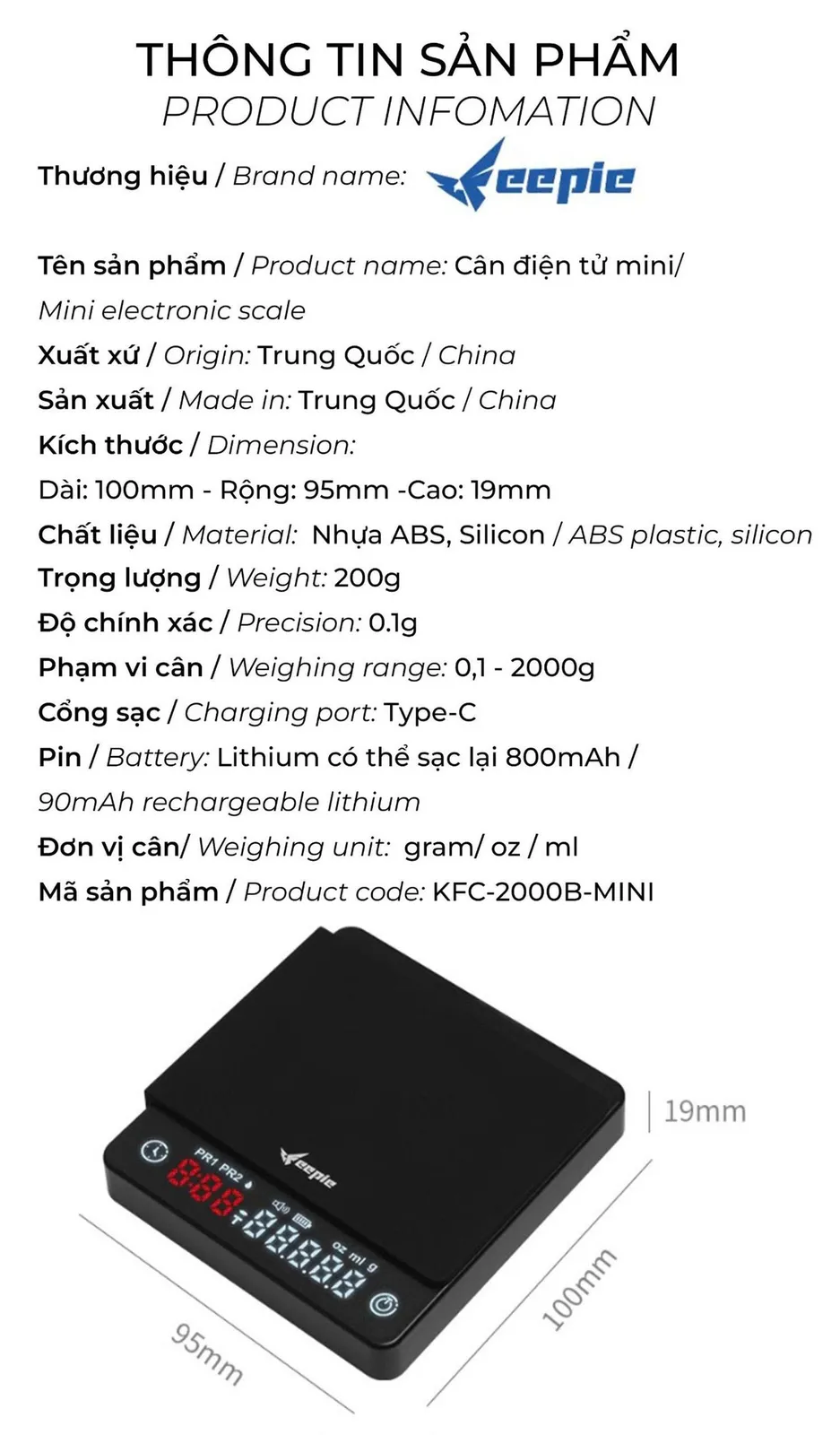 Bảng thông số cân điện tử Feepie KFC-2000B-MINI: 200g, độ chính xác 0,1g, pin lithium 800mAh, cổng Type-C