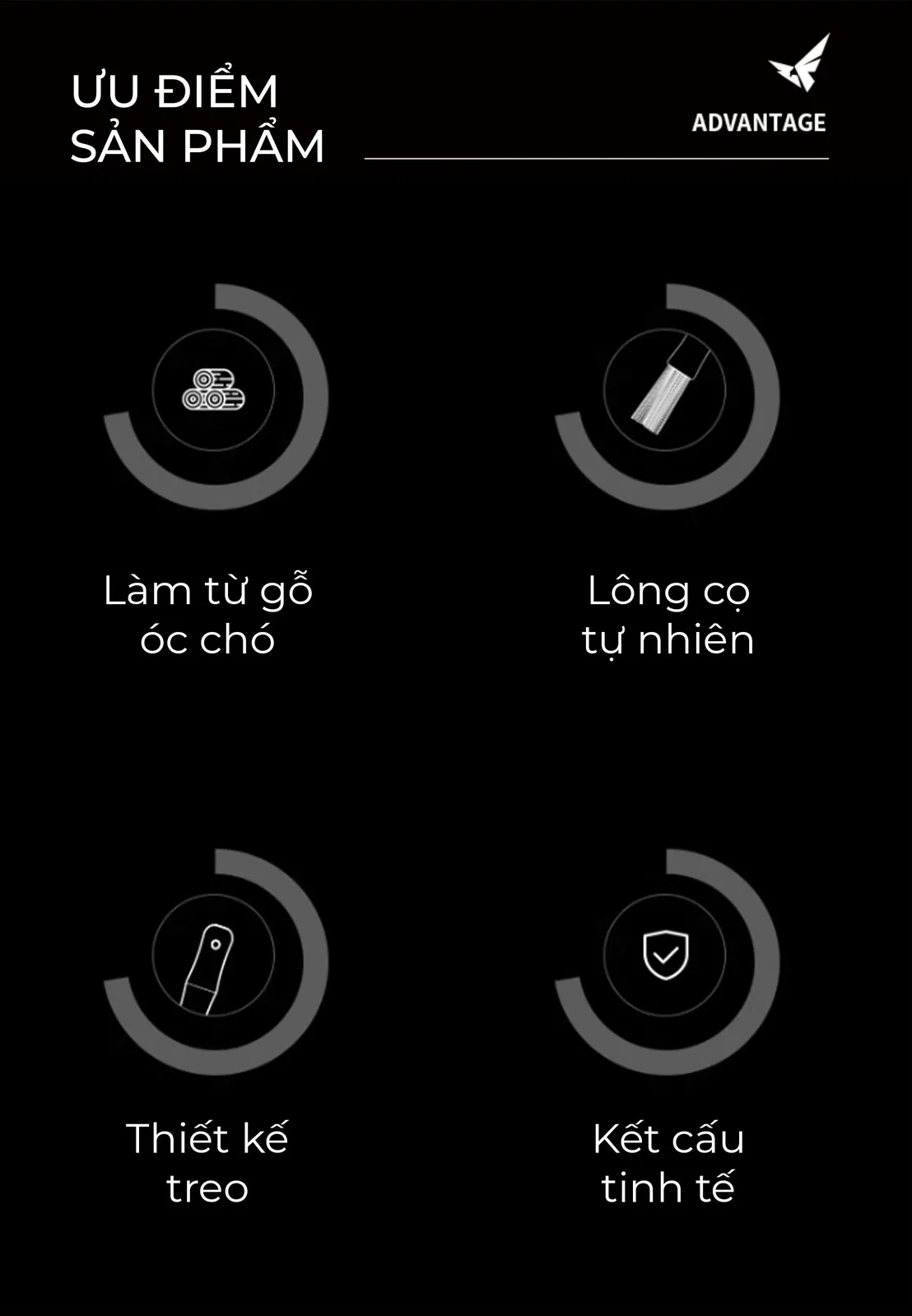 Bốn ưu điểm cọ quét Feepie: làm từ gỗ óc chó, lông cọ tự nhiên, thiết kế treo, kết cấu tinh tế