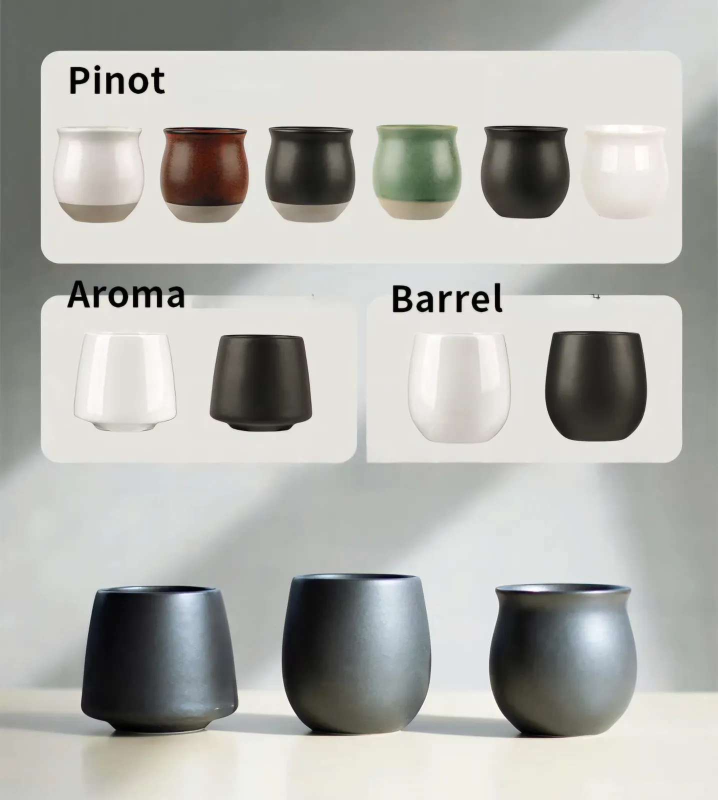 Ba dáng ly Origami Flavor Cup 200ml: Pinot, Aroma và Barrel