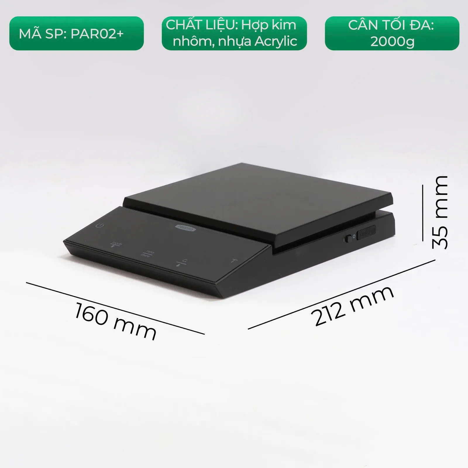 Cận cảnh mặt acrylic phẳng và nút cảm ứng của cân Felicita Parallel