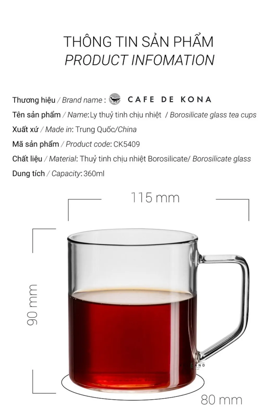 Bảng thông tin ly thuỷ tinh CAFE DE KONA mã CK5409 dung tích 360ml cao 90mm rộng 115mm
