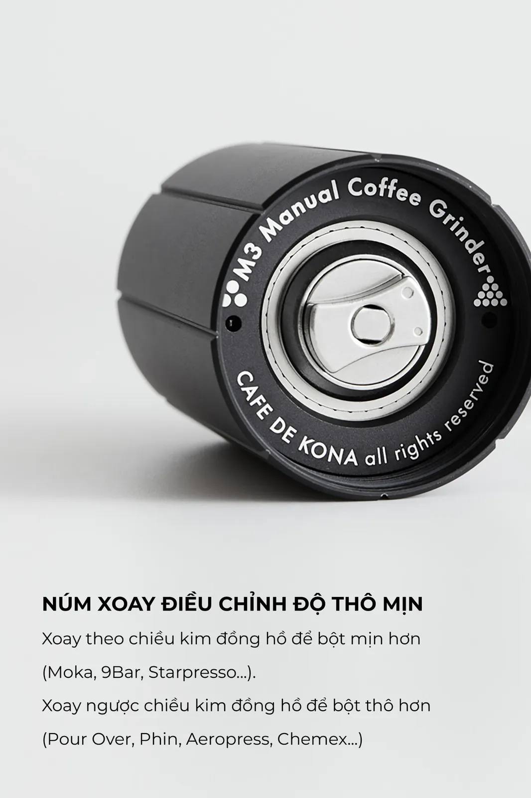 Núm xoay điều chỉnh độ thô mịn ở đáy cối xay tay M3 Pro CAFE DE KONA