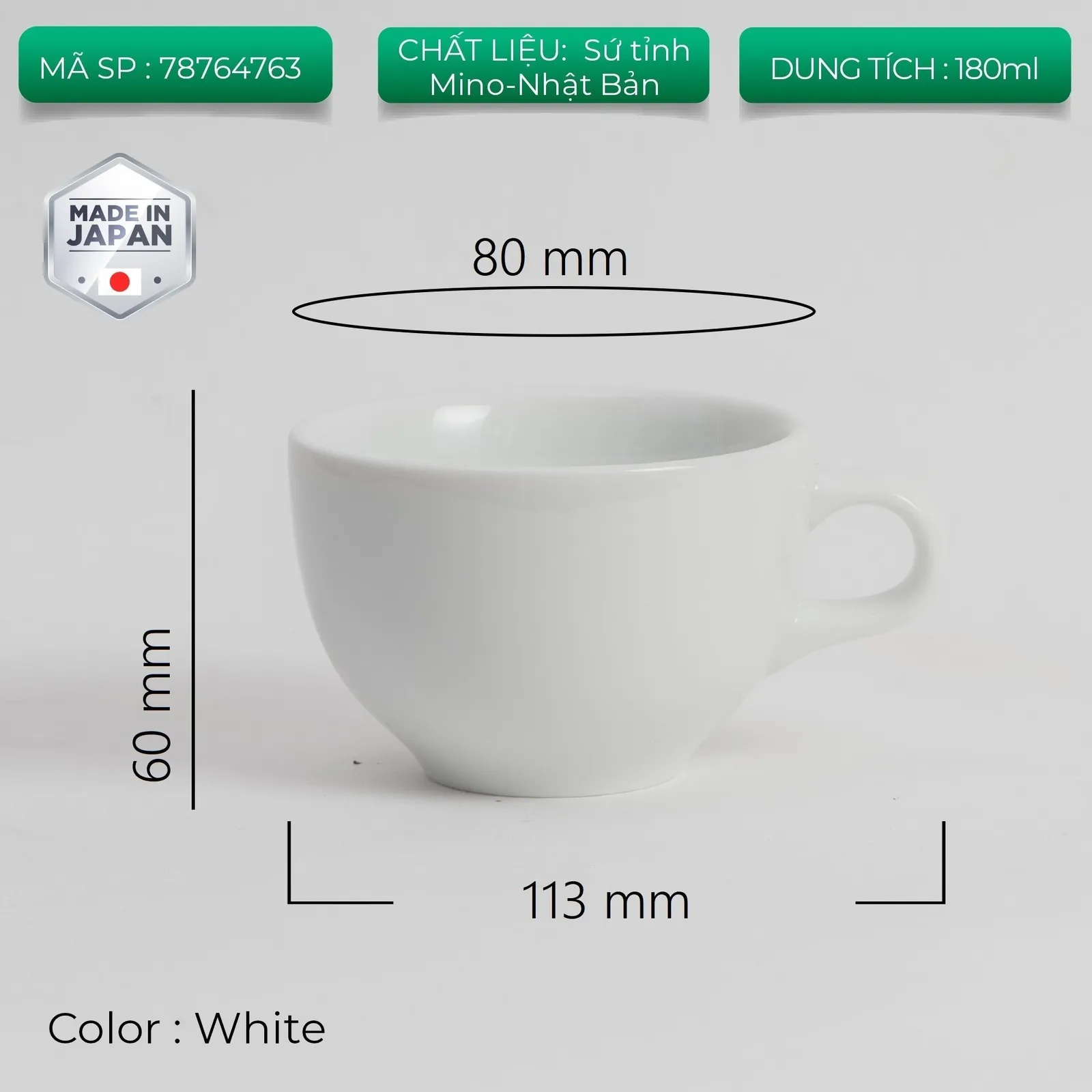 Ly Origami Cappuccino Latte Bowl 180ml màu White cao 60mm miệng 80mm