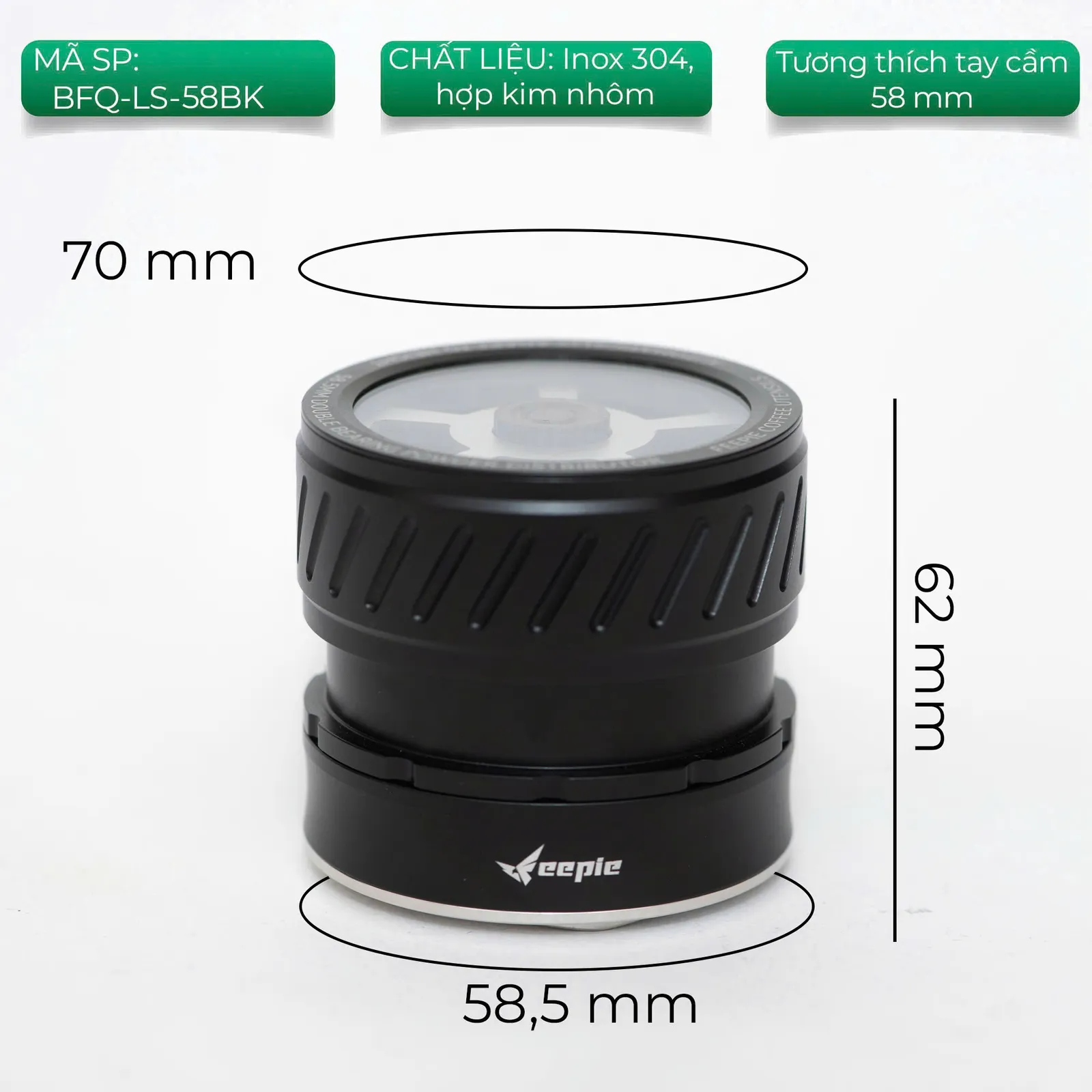 Kích thước OCD Feepie THOR: thân 70mm, đế san 58.5mm, cao 62mm, mã BFQ-LS-58BK