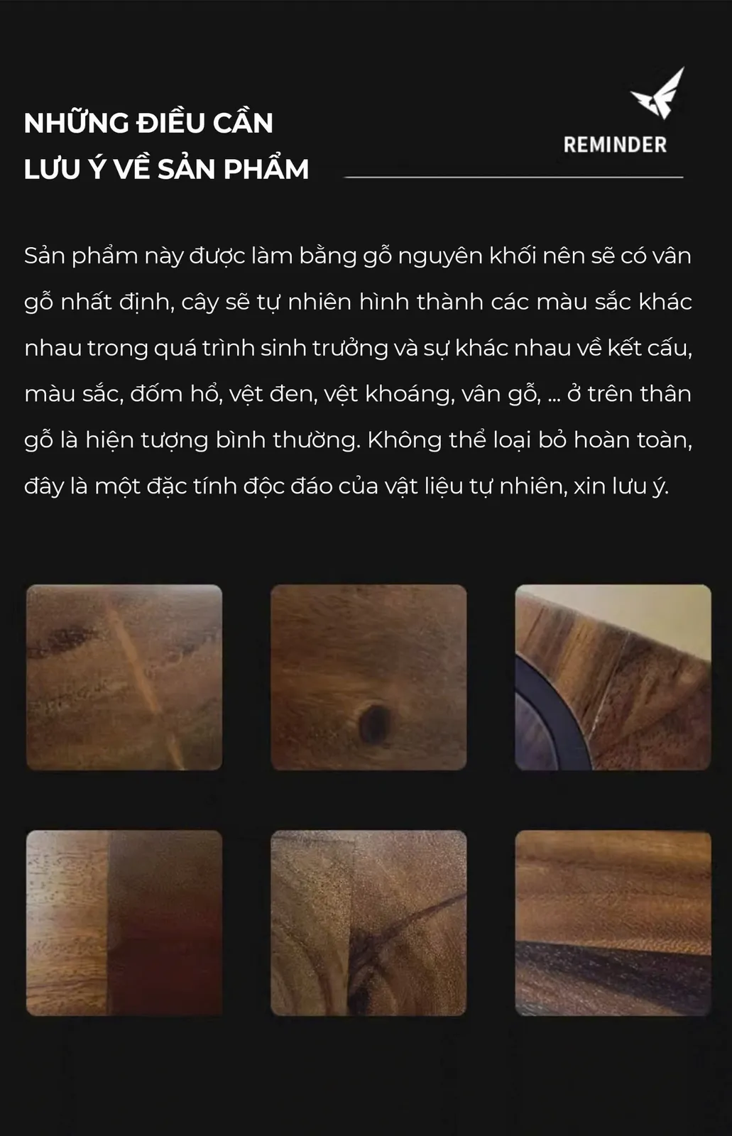 Lưu ý vân gỗ tự nhiên trên đế nén Feepie: màu sắc, đốm hổ và vệt khoáng khác nhau giữa từng sản phẩm