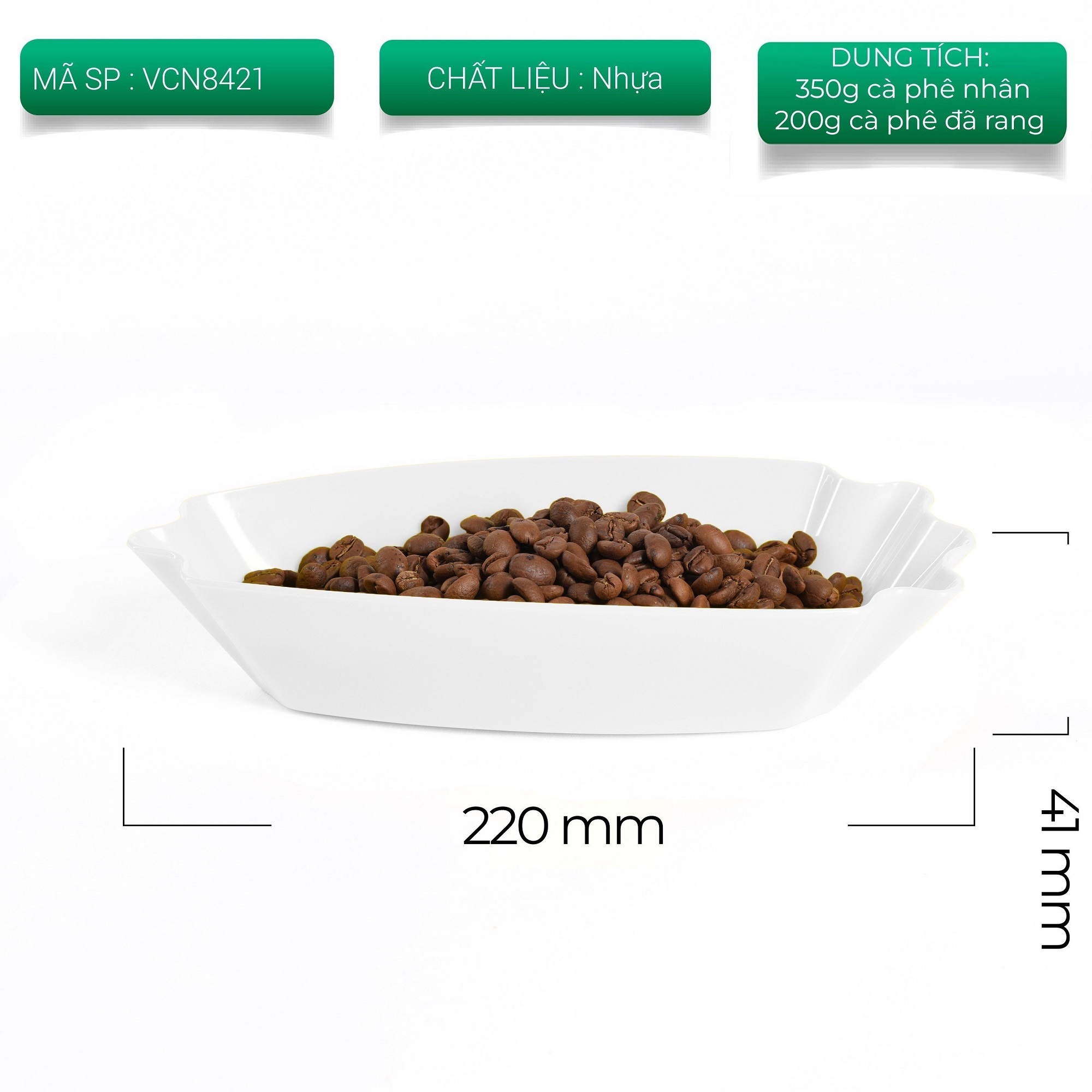 Khay nhựa cupping V1 màu trắng dáng thuyền dài 220mm cao 41mm đựng cà phê hạt
