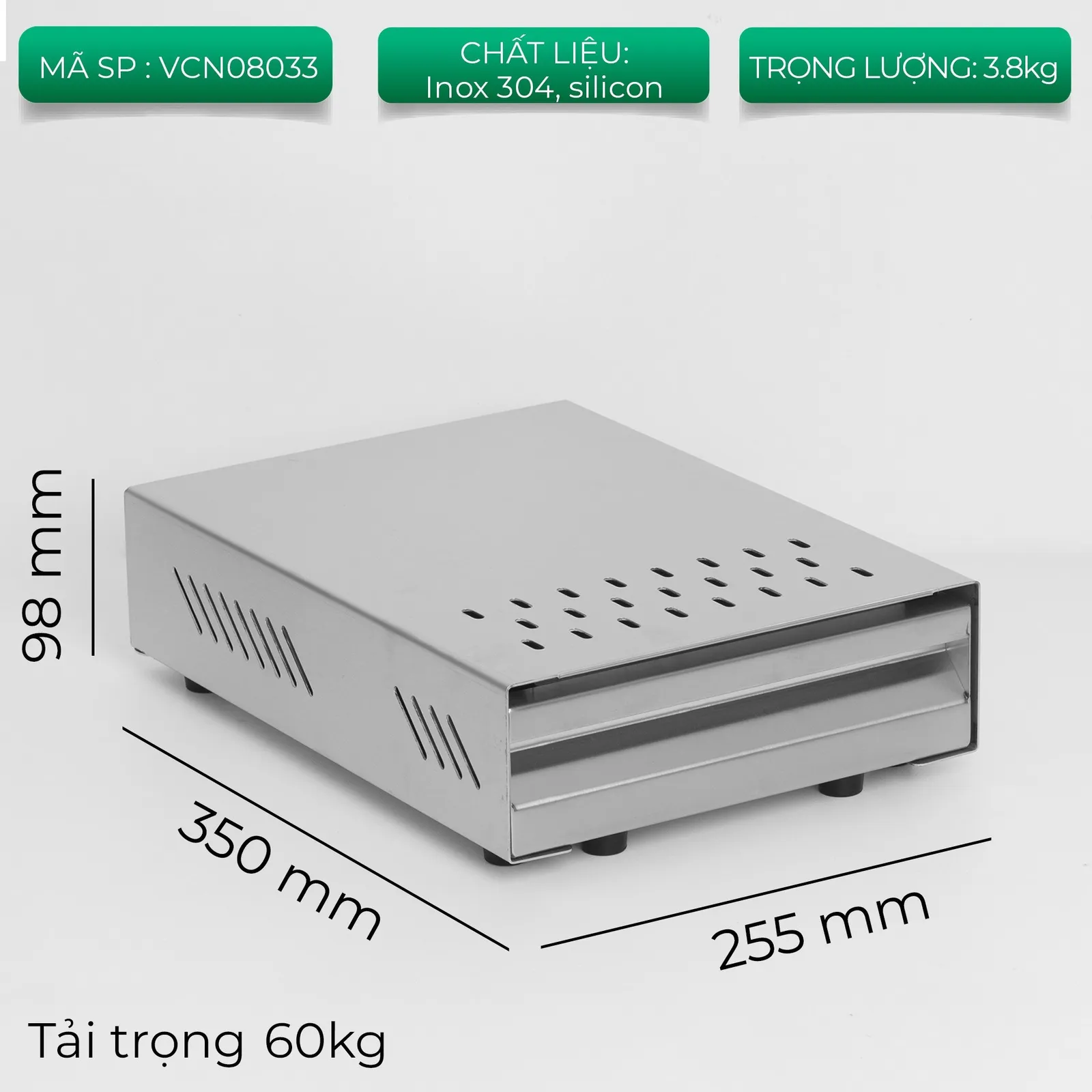 Bảng thông số hộp đập bã VCN08033 kích thước 350 x 255 x 98 mm tải trọng 60kg
