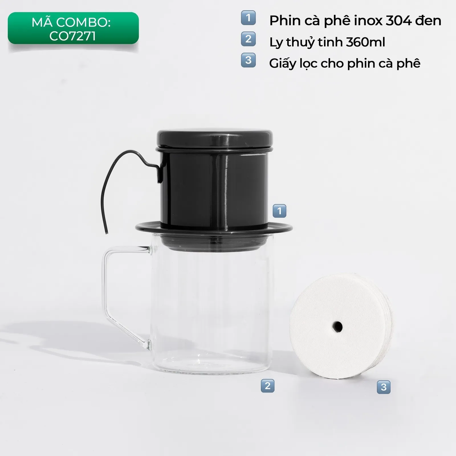 Thẻ combo mã CO7271 gồm phin cà phê inox 304 đen ly thuỷ tinh 360ml và giấy lọc cho phin
