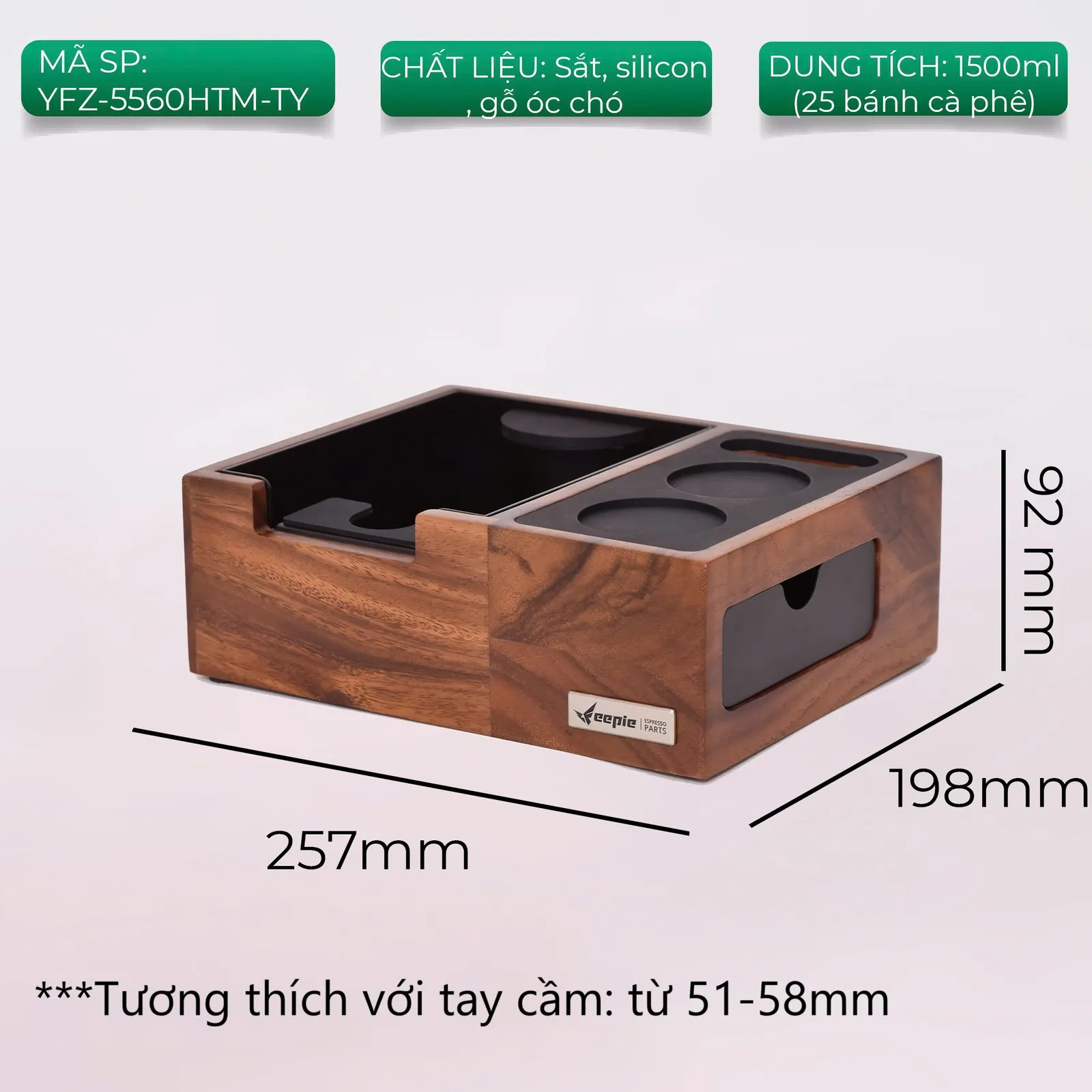 Kích thước bàn đế nén Feepie đa năng: 257 x 198 x 92mm, sắt silicon gỗ óc chó, hộp đập bã 1500ml khoảng 25 bánh