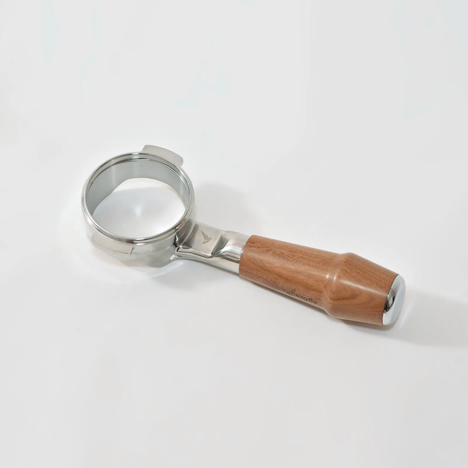 Tay cầm gỗ Cẩm Lai Feepie không đáy nhìn nghiêng, thấy vòng inox 304 và cán gỗ vân nâu