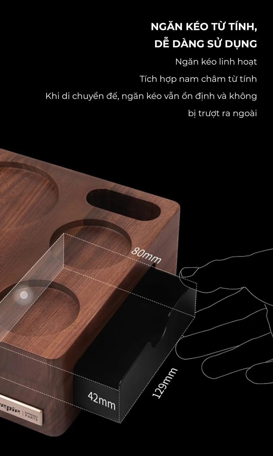 Ngăn kéo từ tính đế gỗ Feepie kích thước 129 x 80 x 42mm, có nam châm giữ ổn định khi di chuyển