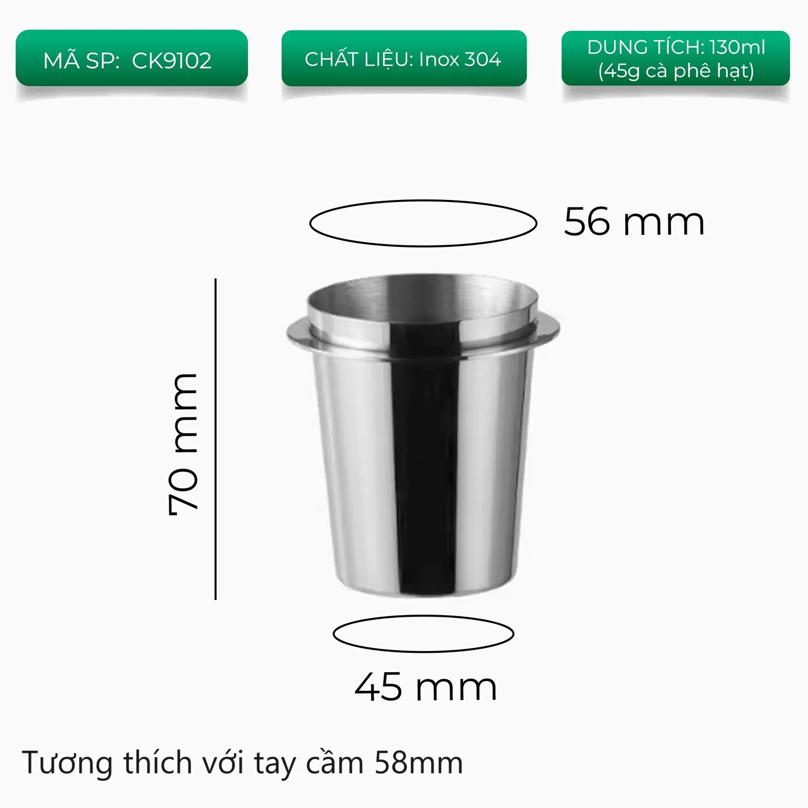Ly dosing cup inox nhìn nghiêng thấy rõ vành gờ và thành ly