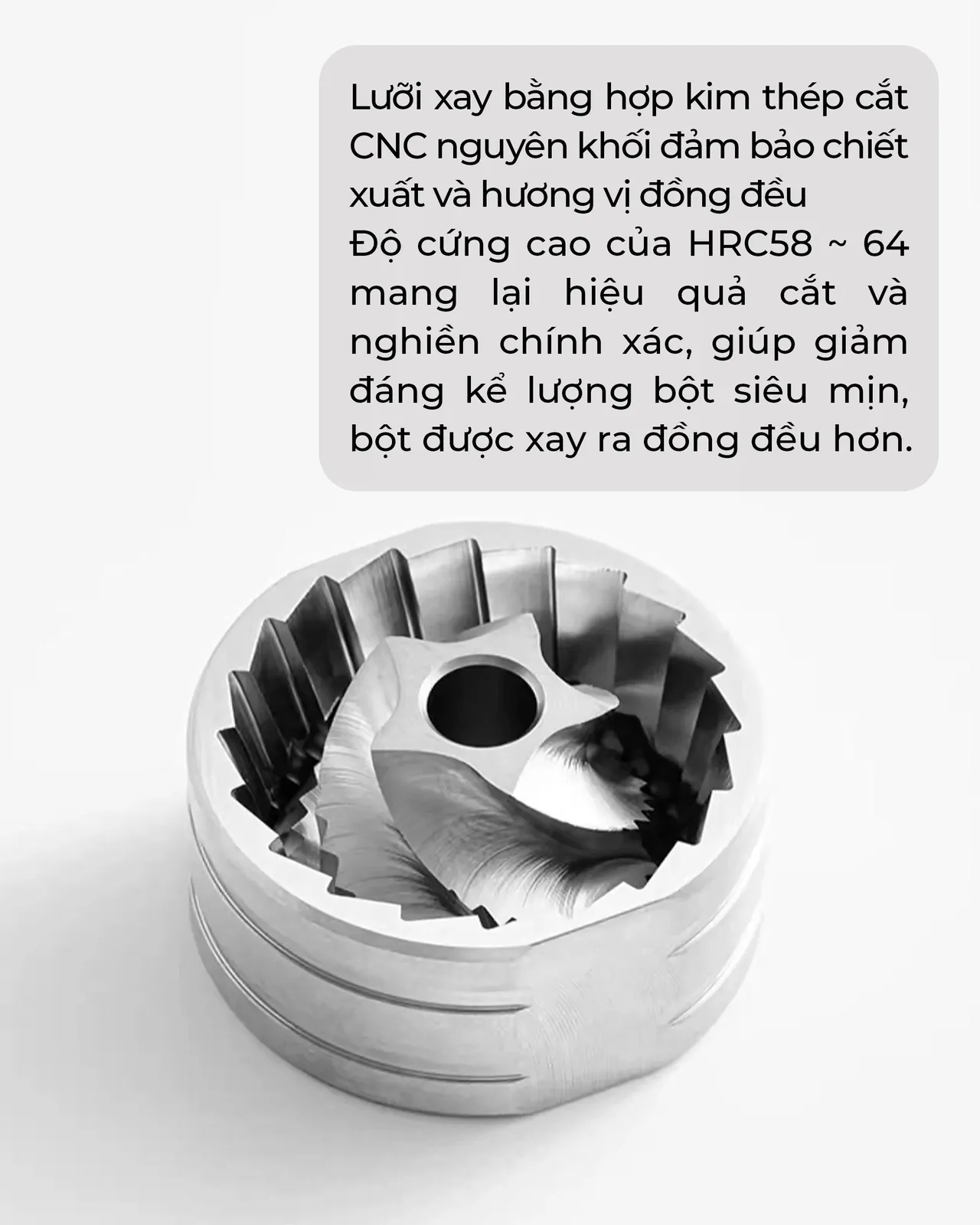 Cận cảnh lưỡi xay thép nguyên khối cắt CNC của cối xay tay M3 CAFE DE KONA