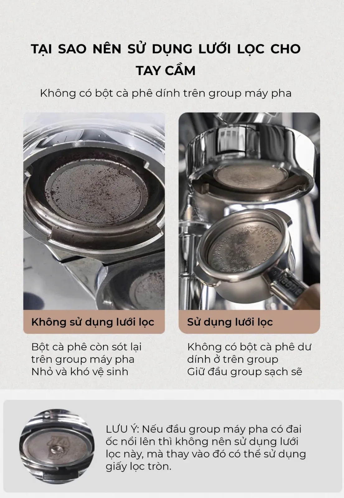 So sánh group máy pha khi không dùng và khi dùng lưới lọc Feepie: không còn bột cà phê bám dính