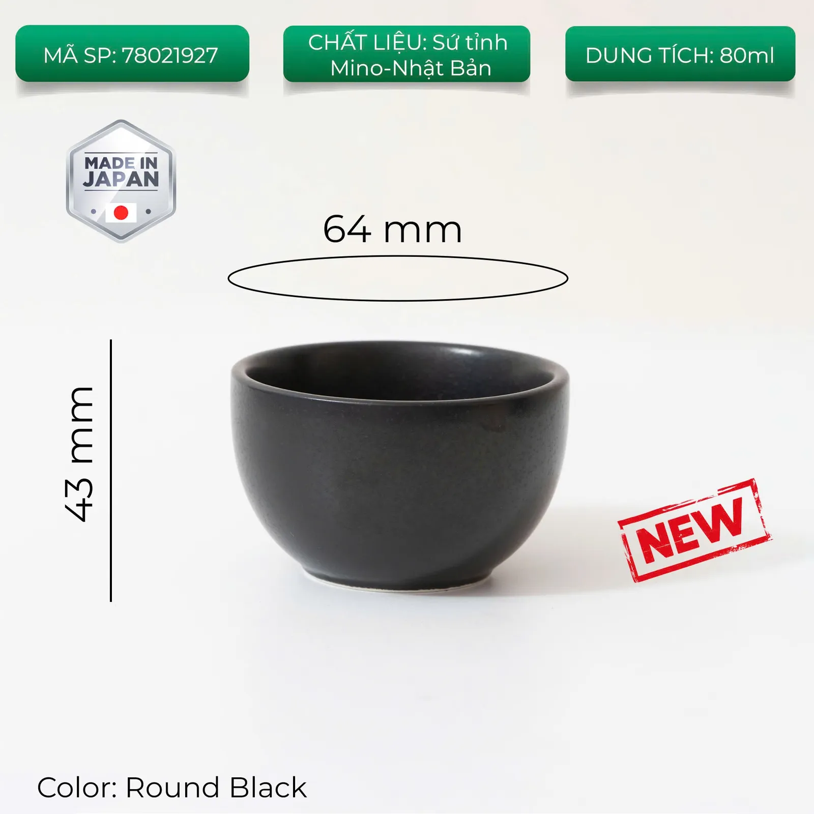 Origami Sensory Espresso Cup Round Black miệng 64mm cao 43mm