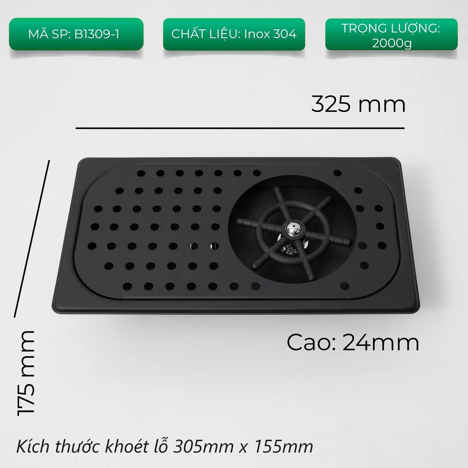 Hai ống ren cấp nước và thoát nước dưới đáy khay rửa ca ly quầy bar âm sàn inox 304 mã B1309