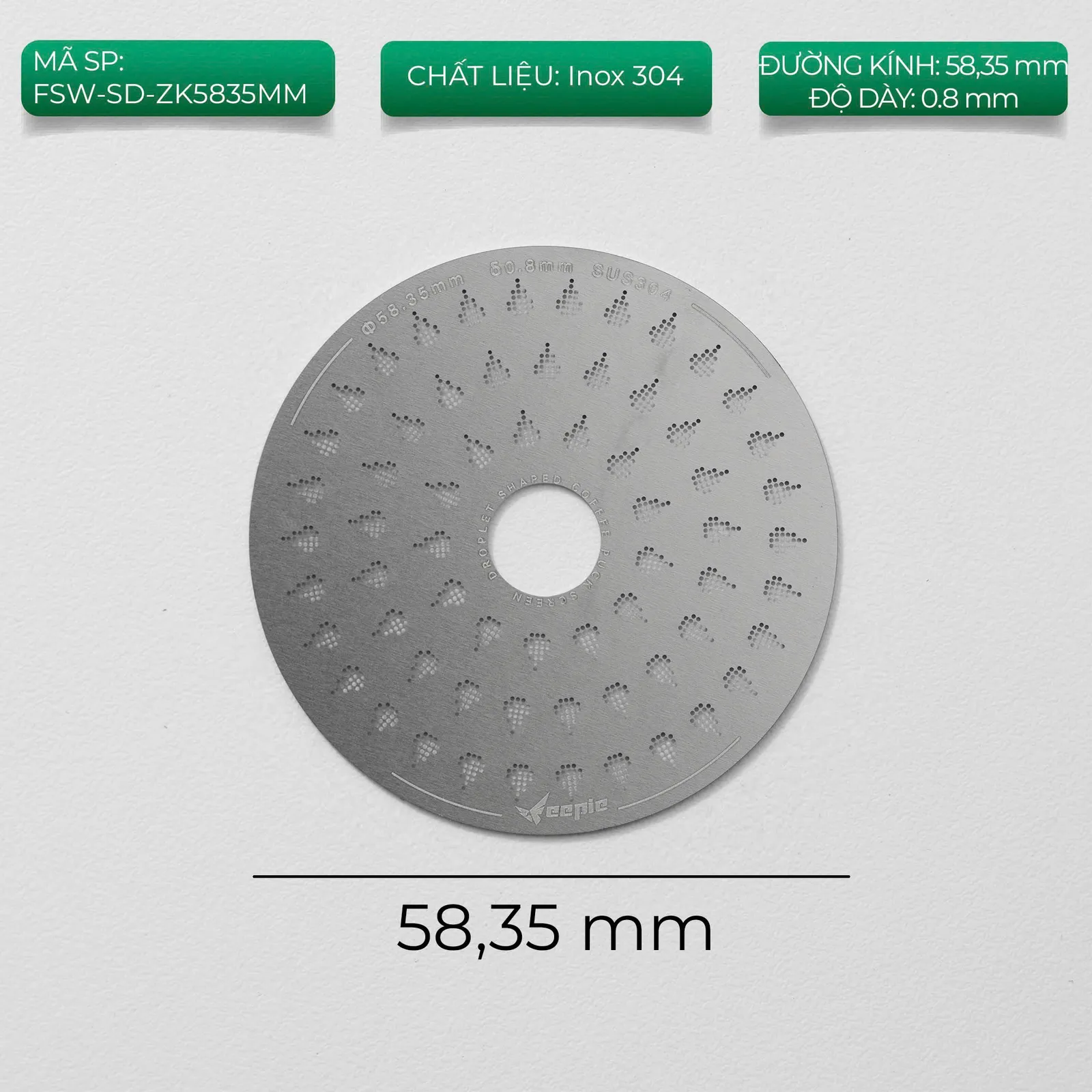 Lưới lọc chia nước Feepie FSW-SD-ZK5835MM inox 304 đường kính 58,35mm dày 0,8mm có lỗ giữa