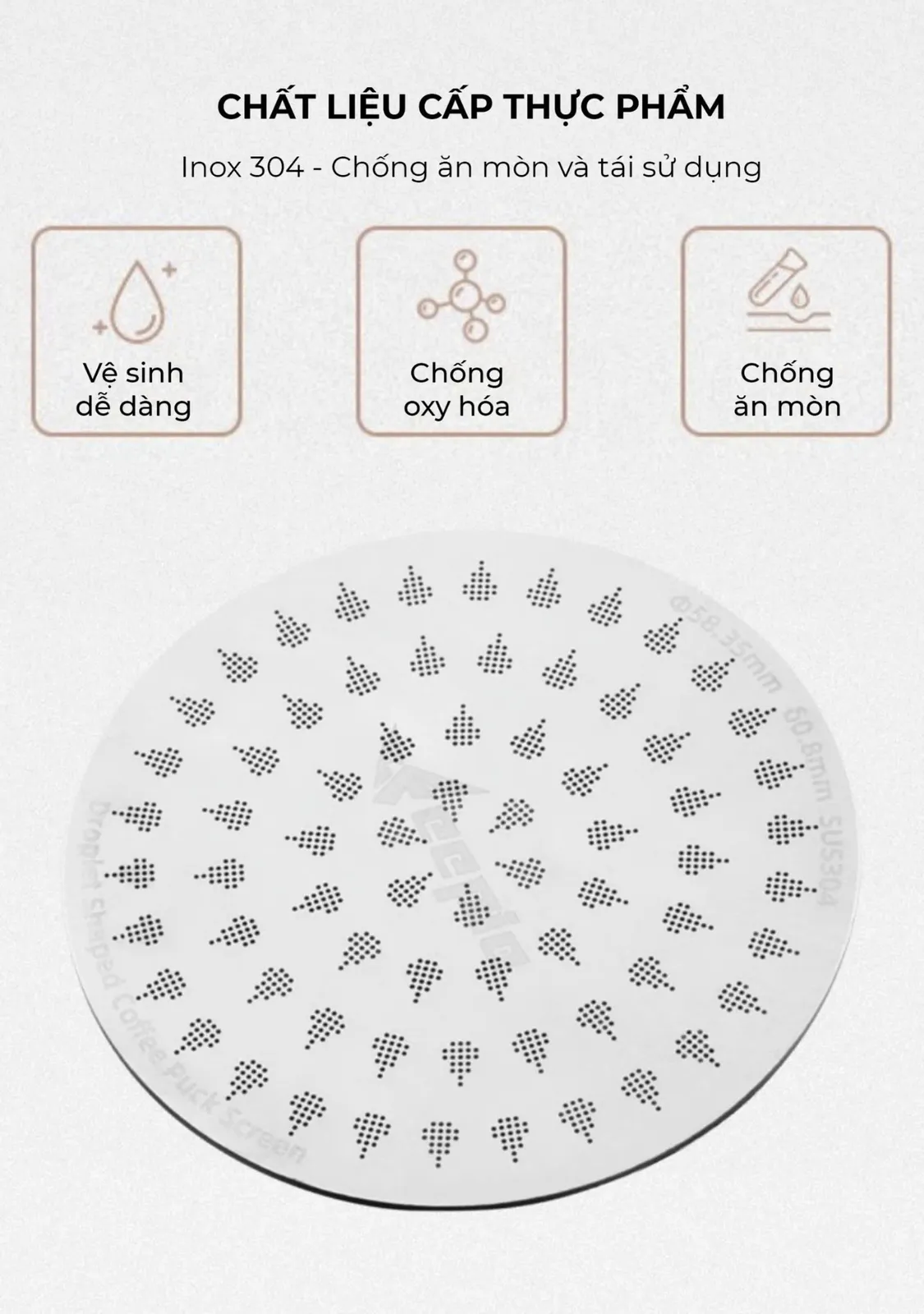 Lưới lọc Feepie làm từ inox 304 cấp thực phẩm: vệ sinh dễ dàng, chống oxy hóa, chống ăn mòn