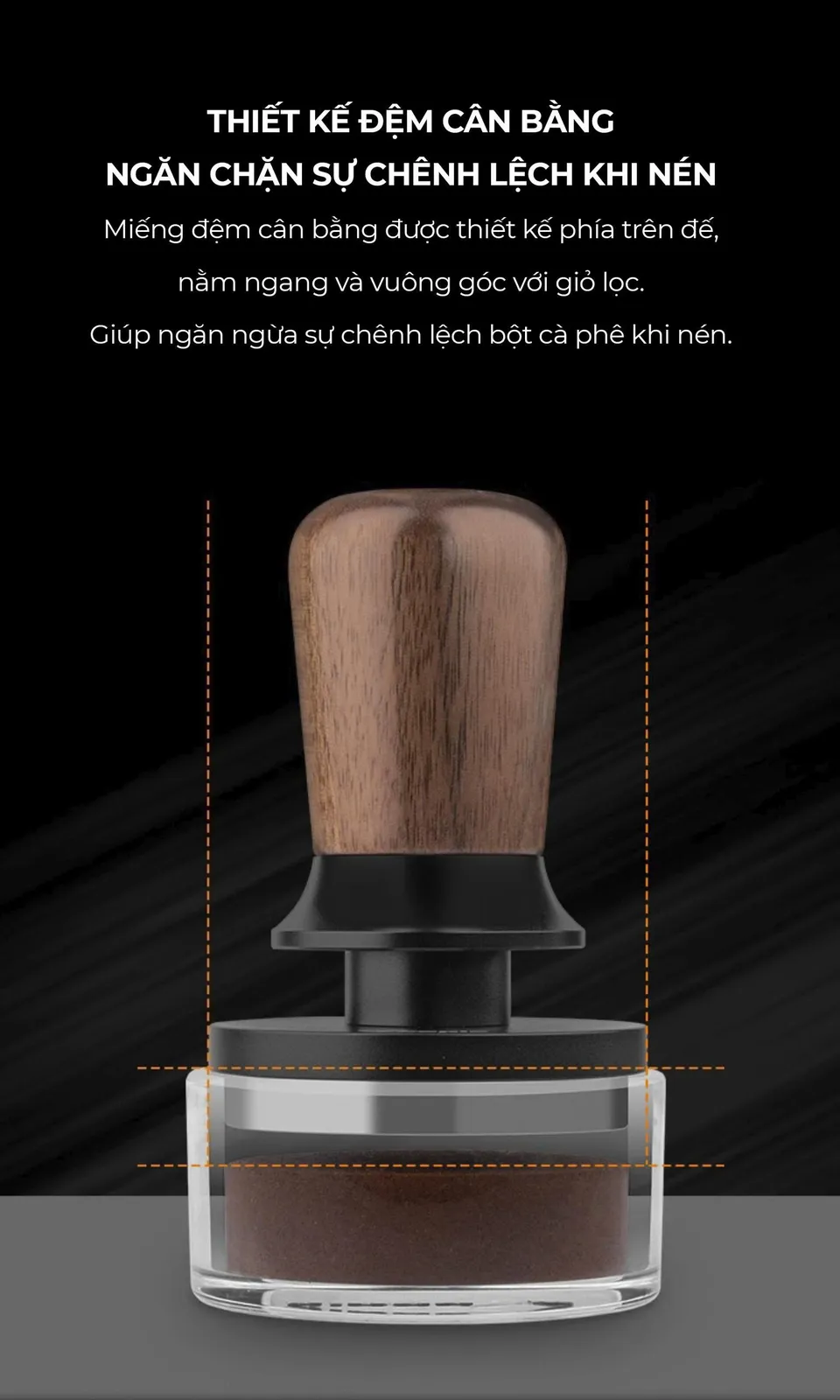 So sánh tamper cố định lực cân bằng Feepie với tamper thường: miếng đệm cân bằng giữ đế vuông góc giỏ lọc