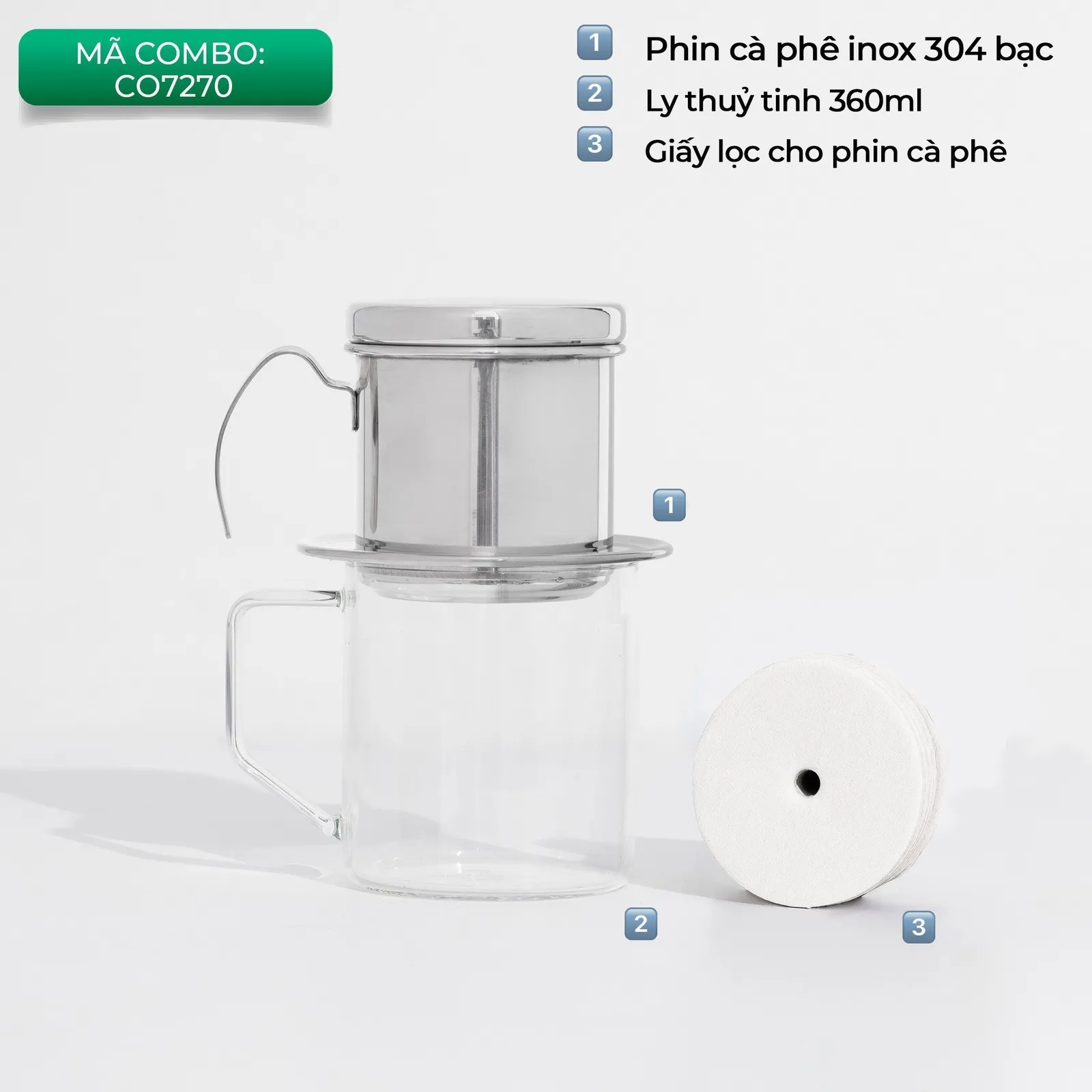 Thẻ combo mã CO7270 gồm phin cà phê inox 304 bạc ly thuỷ tinh 360ml và giấy lọc cho phin